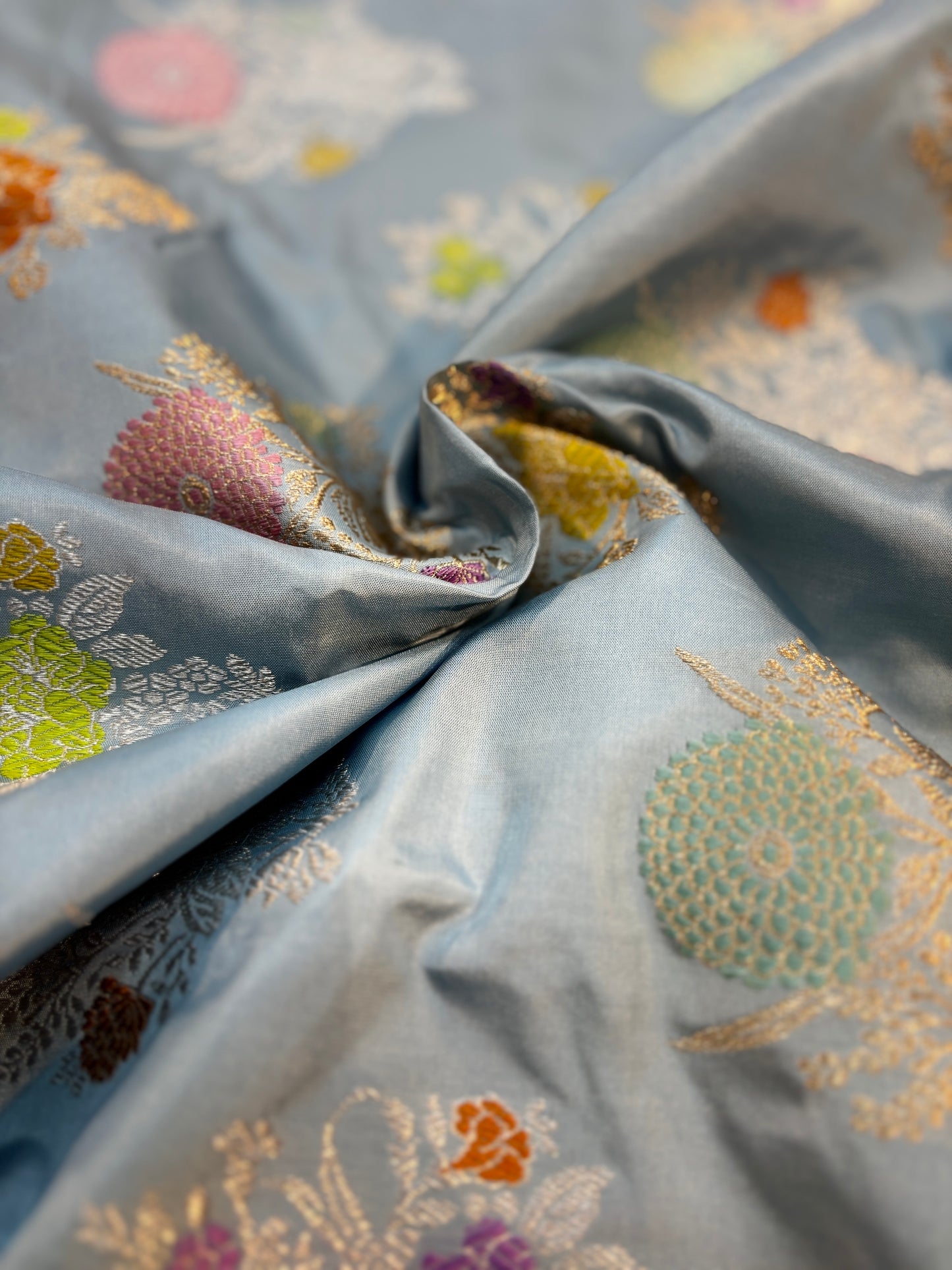 Exclusive powder blue pure katan jangla Banarasi Handloom saree