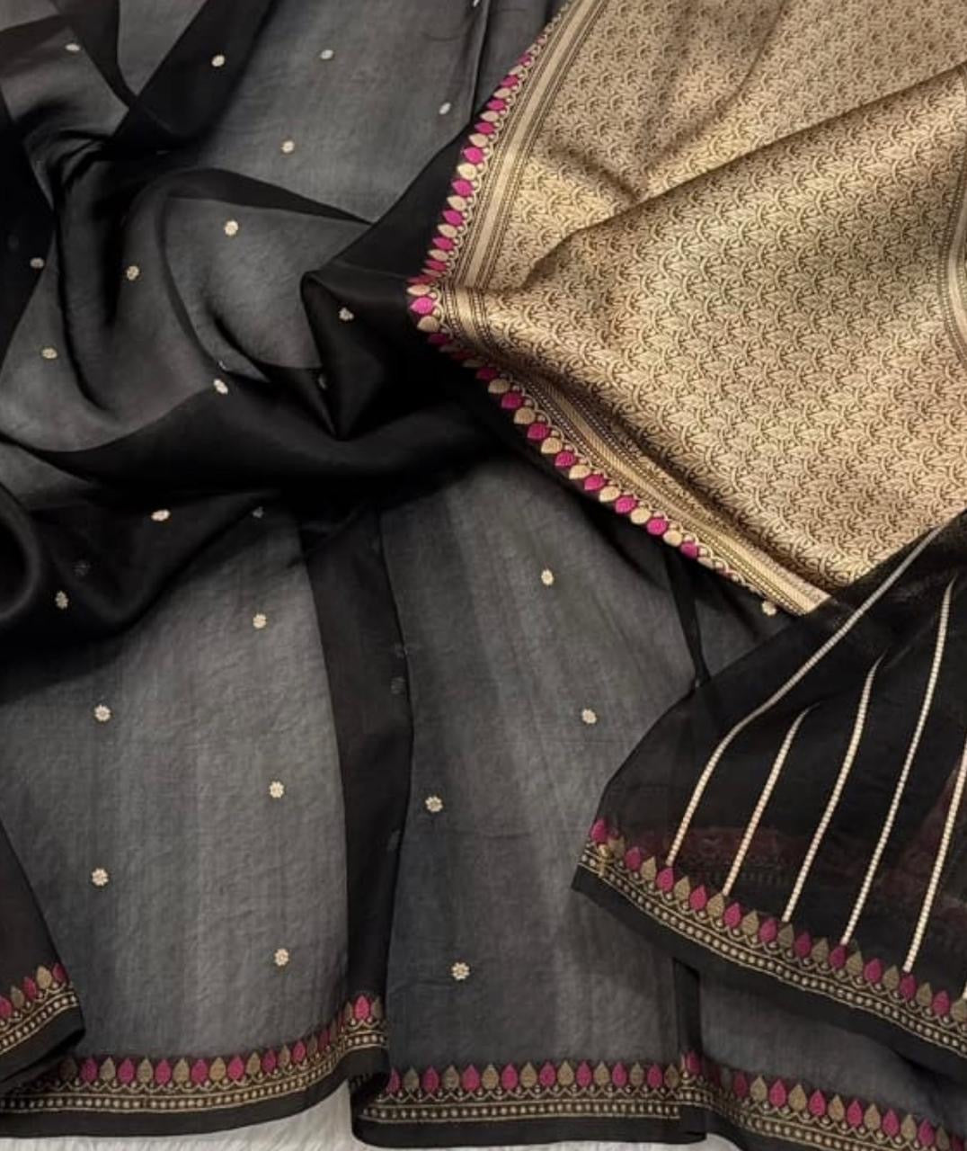 Black with Pink Pure Kora Silk Kadhuwa Small Border Banarasi Handloom Saree