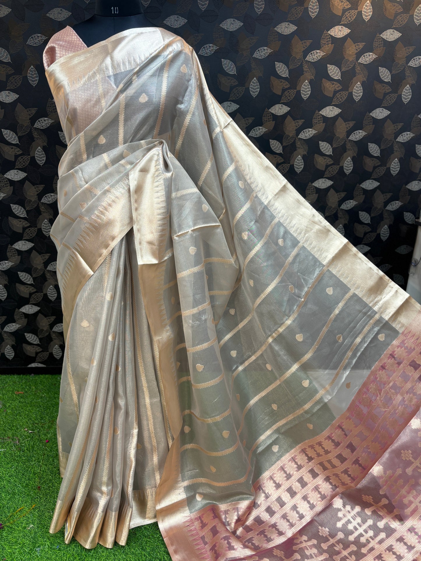 Gray with light Pink Tissue Banarasi Saree - Rungkaat
