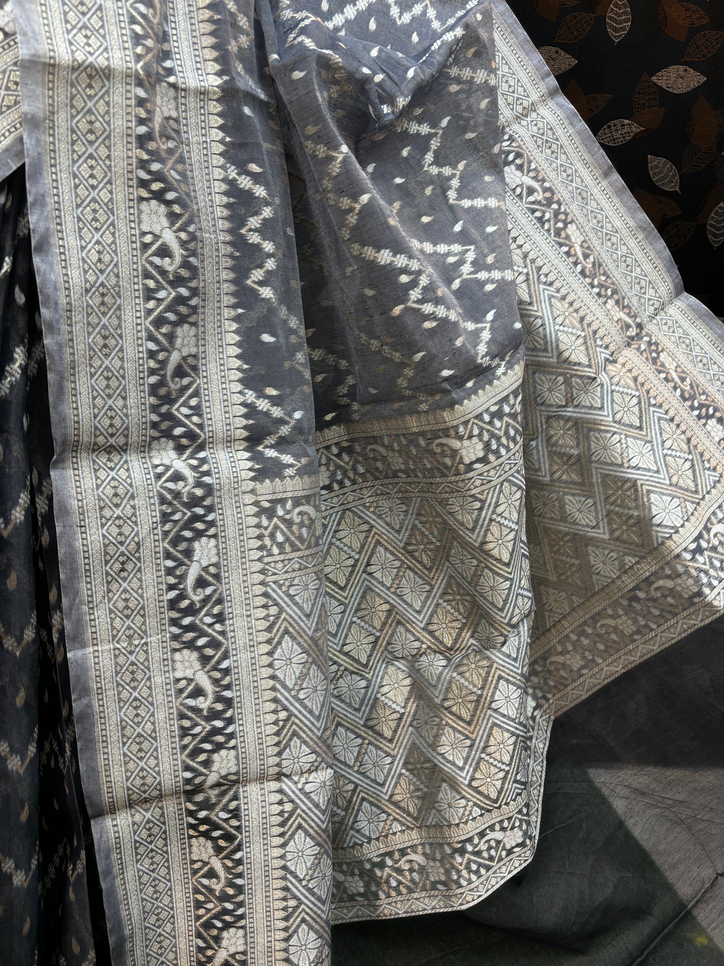 Gray Pure Moonga Cotton Bananasi Saree - Rungkaat