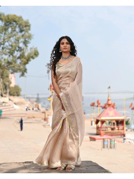 Beige Pure Kora Tissue Banaras Handloom Saree - Rungkaat