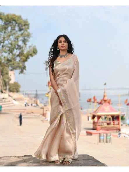 Beige tissue Banarasi-style saree with woven border, draped with matching blouse