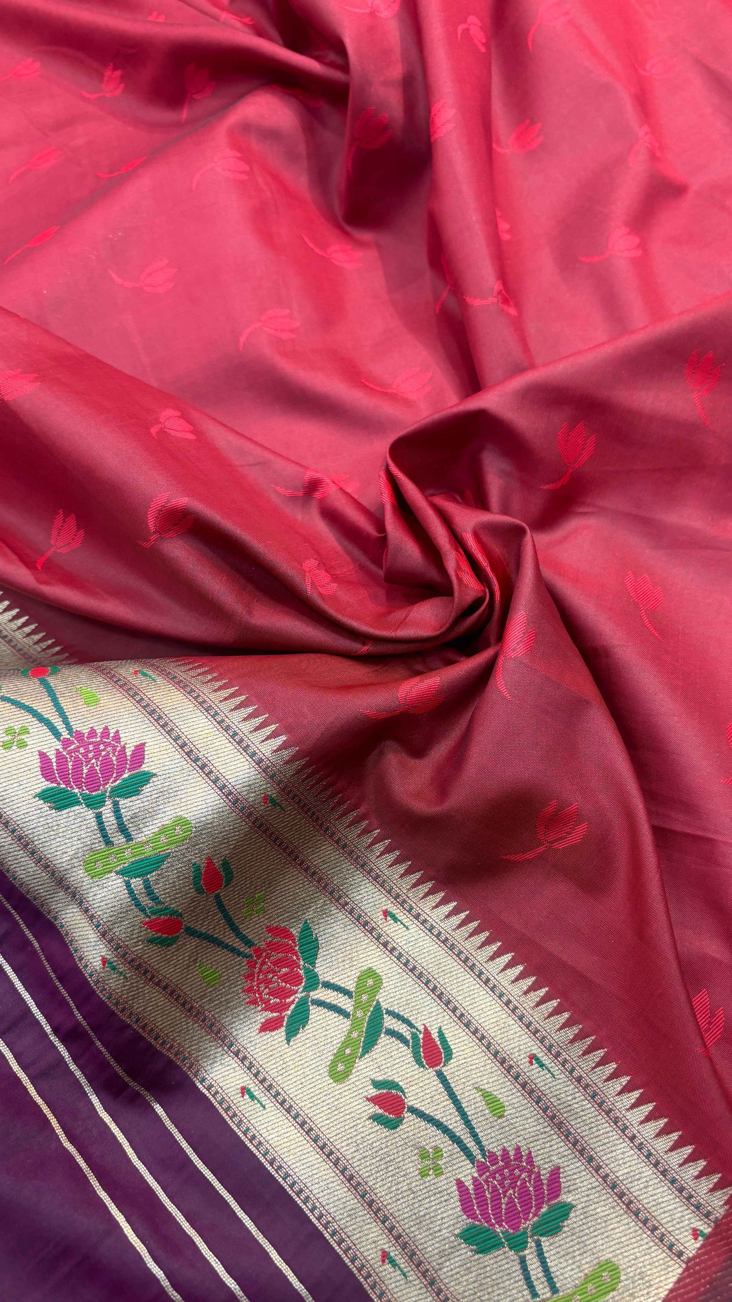 Pink saree fabric with multicolor floral border band and silver zari weave