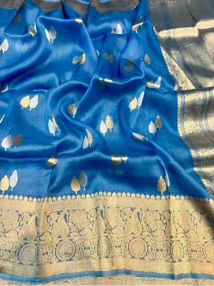 Blue Banarasi handloom tissue saree with gold leaf motifs and ornate border