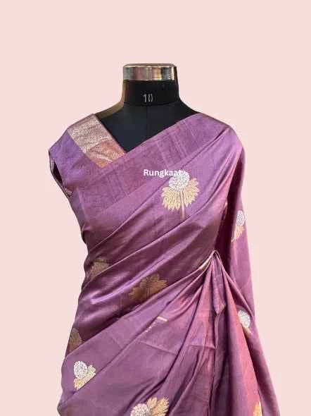 Purple Banarasi handloom saree with gold floral motifs and border drape