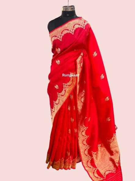Red banarasi handloom saree with gold scallop border and intricate woven motifs