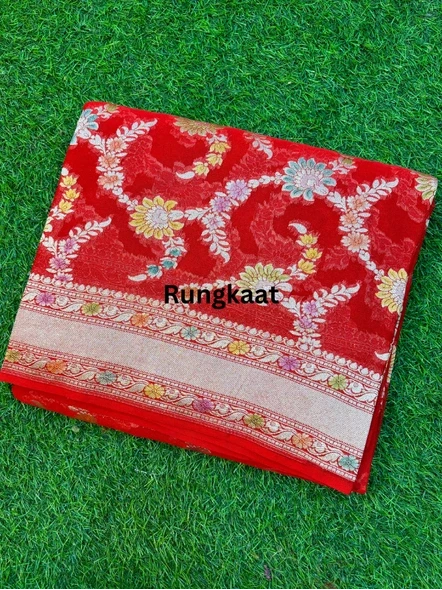 Red Banarasi georgette saree with floral motifs and zari border, folded view