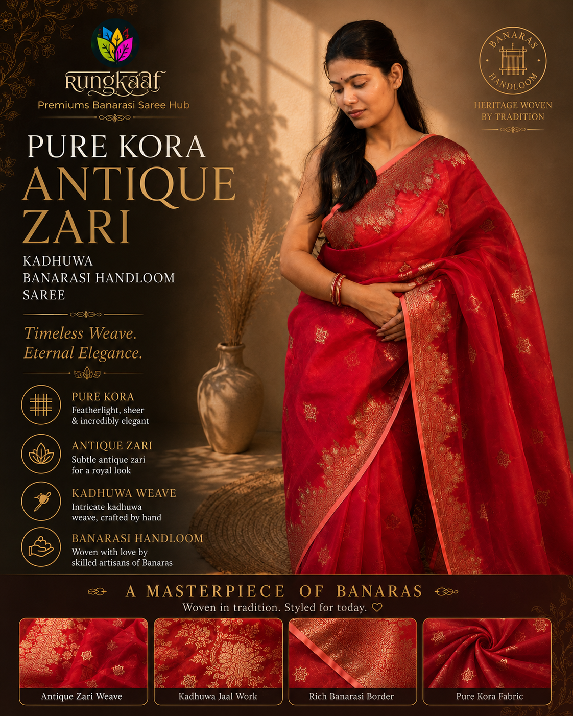 Red Pure Kora Designer Kadhuwa Banarasi Handloom Saree