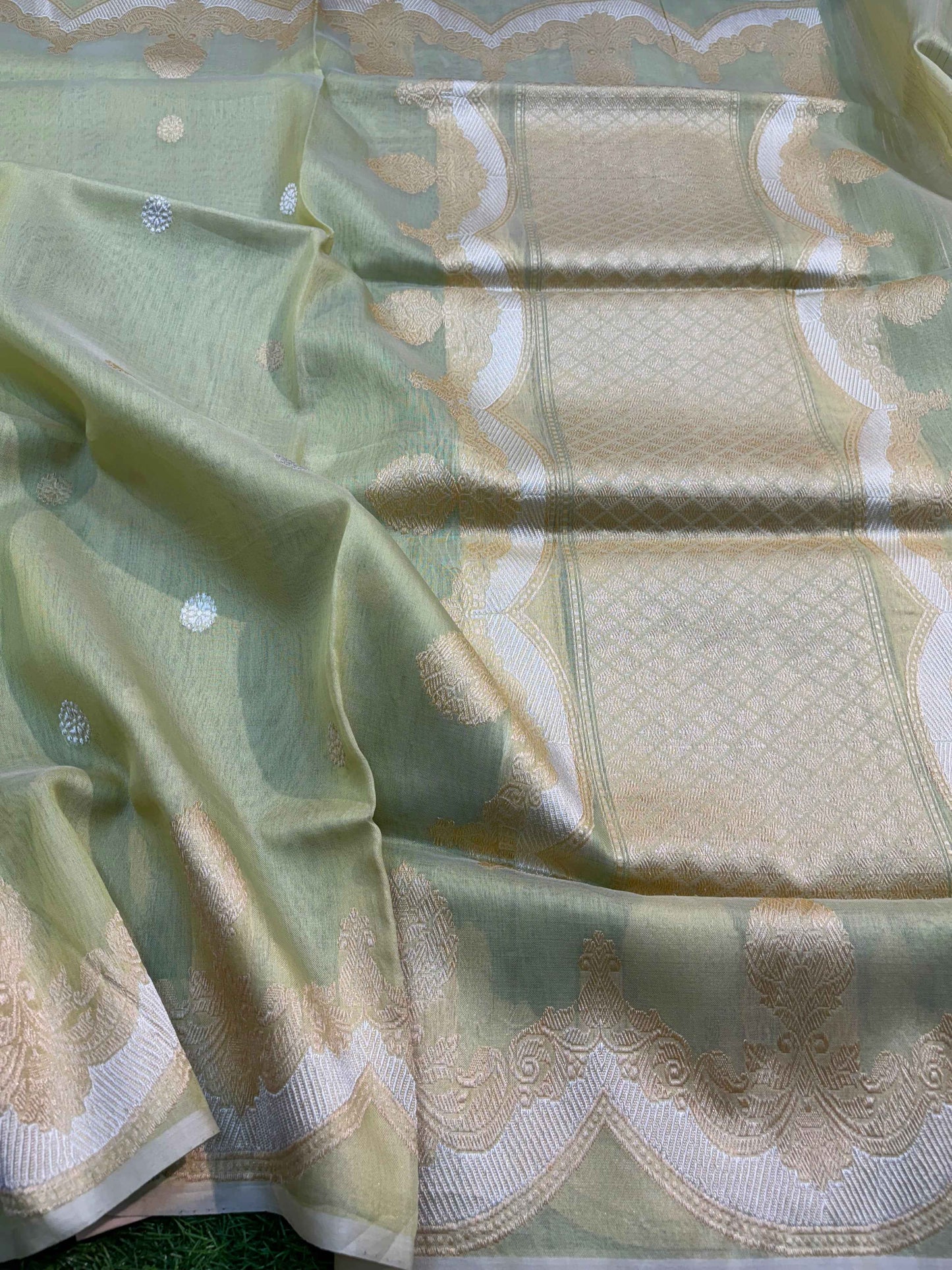 Sage green saree with large beige-and-gold pallu motifs and scalloped zari border