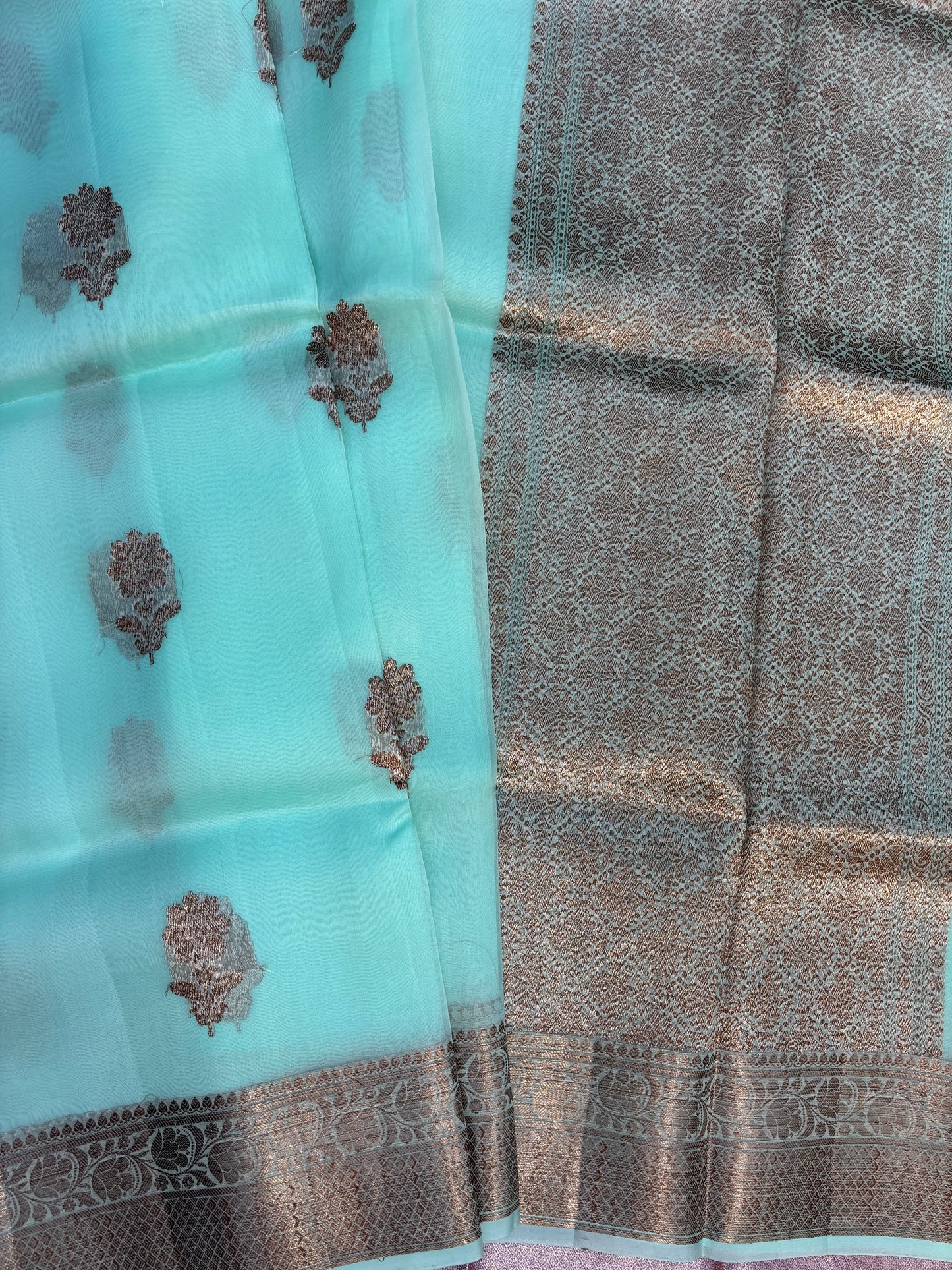 Light Firozi Pure Kora Antique Zari Banarasi Handloom Saree