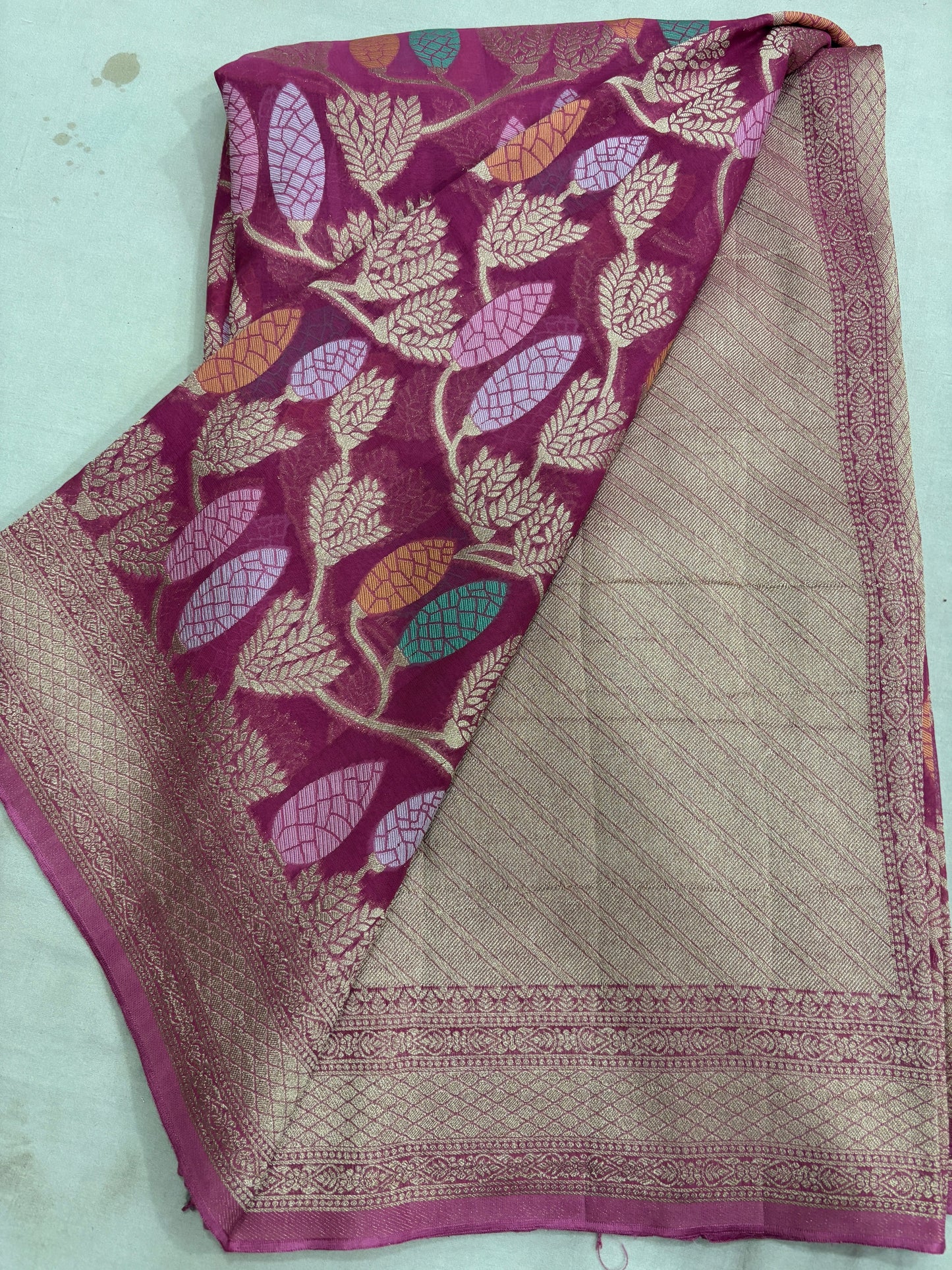 Pink Semi Khaddi Georgette Banaras Sariย