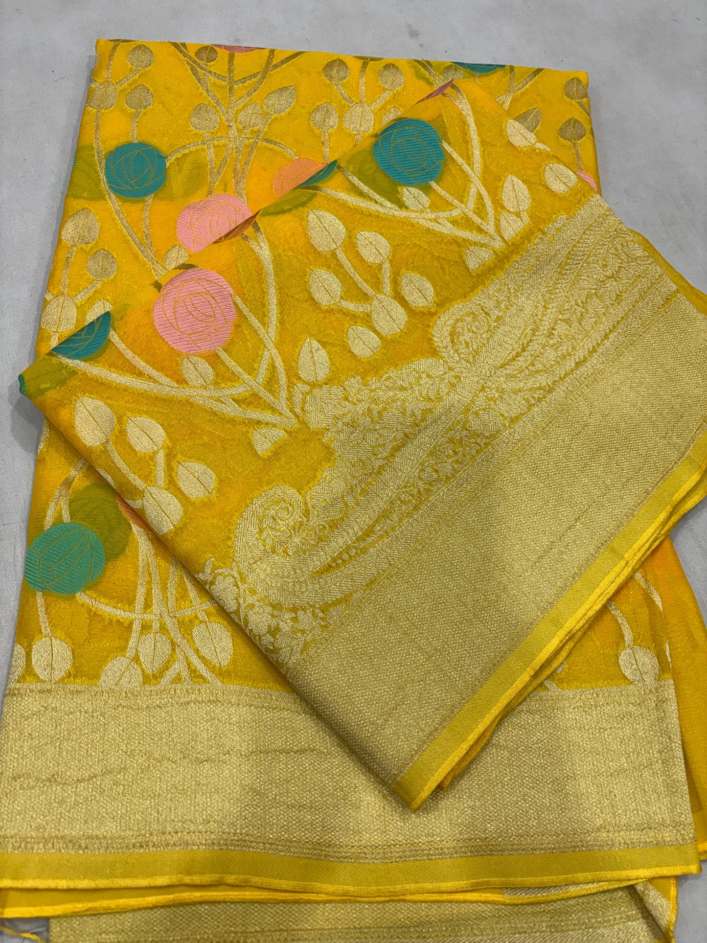 Yello Semi Khaddi Georgette Banaras SariΒ