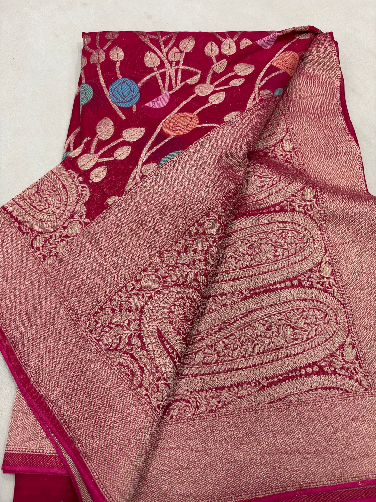 Rani pink Semi Khaddi Georgette Banarasi Handloom Sareeย
