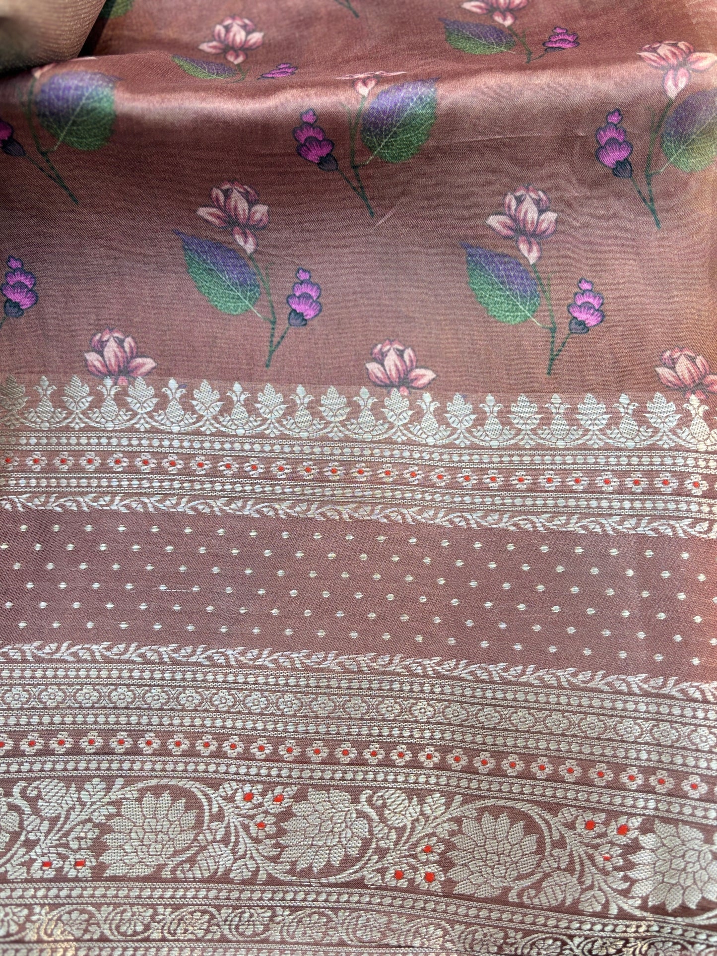 Kora Silk printed with Handwoven Zari Banarasi Saree