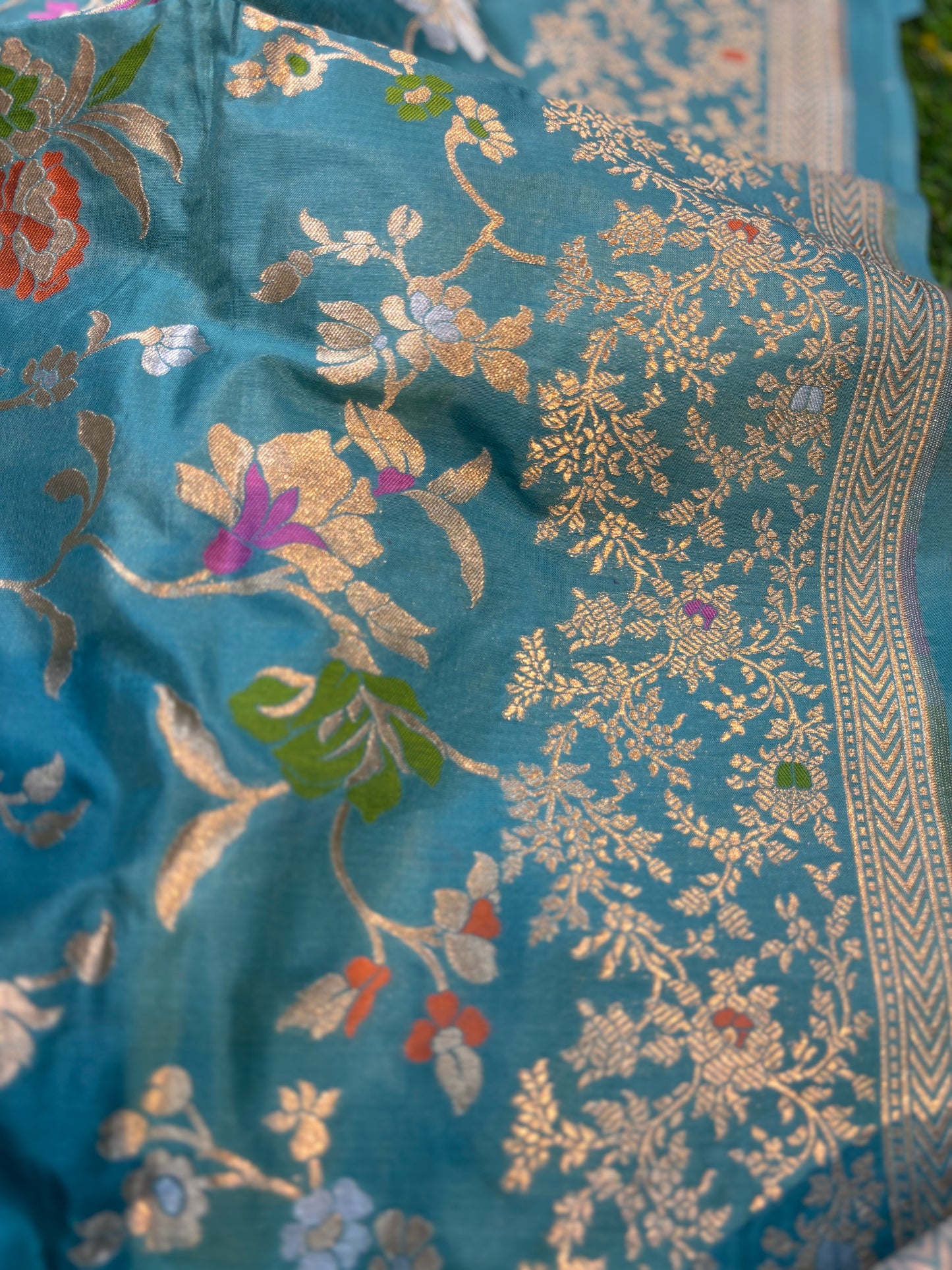 Sky Blue Pure Katan Jangla Banarasi Handloom Saree