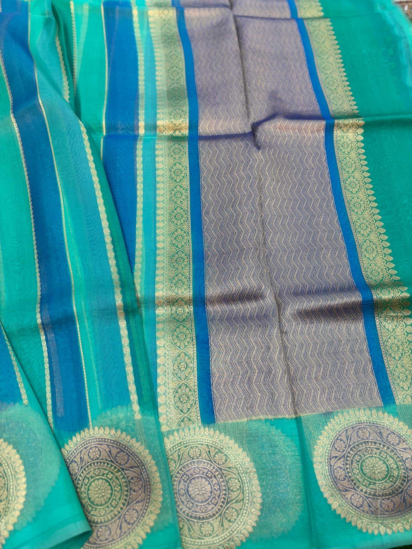 Sky blue Pure Kora Katan Rungkaat Banarasi Handloom Saree