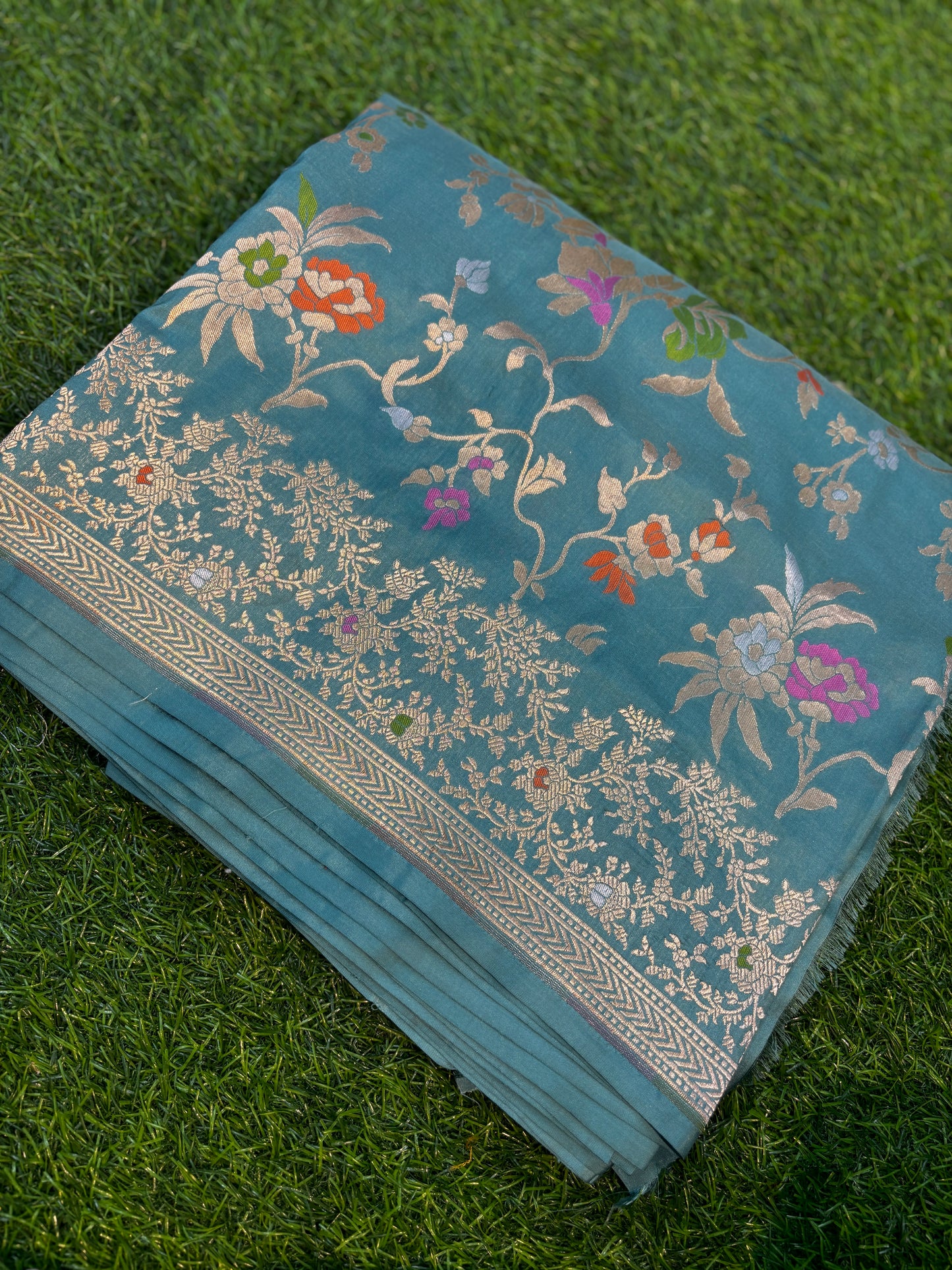 Sky Blue Pure Katan Jangla Banarasi Handloom Saree