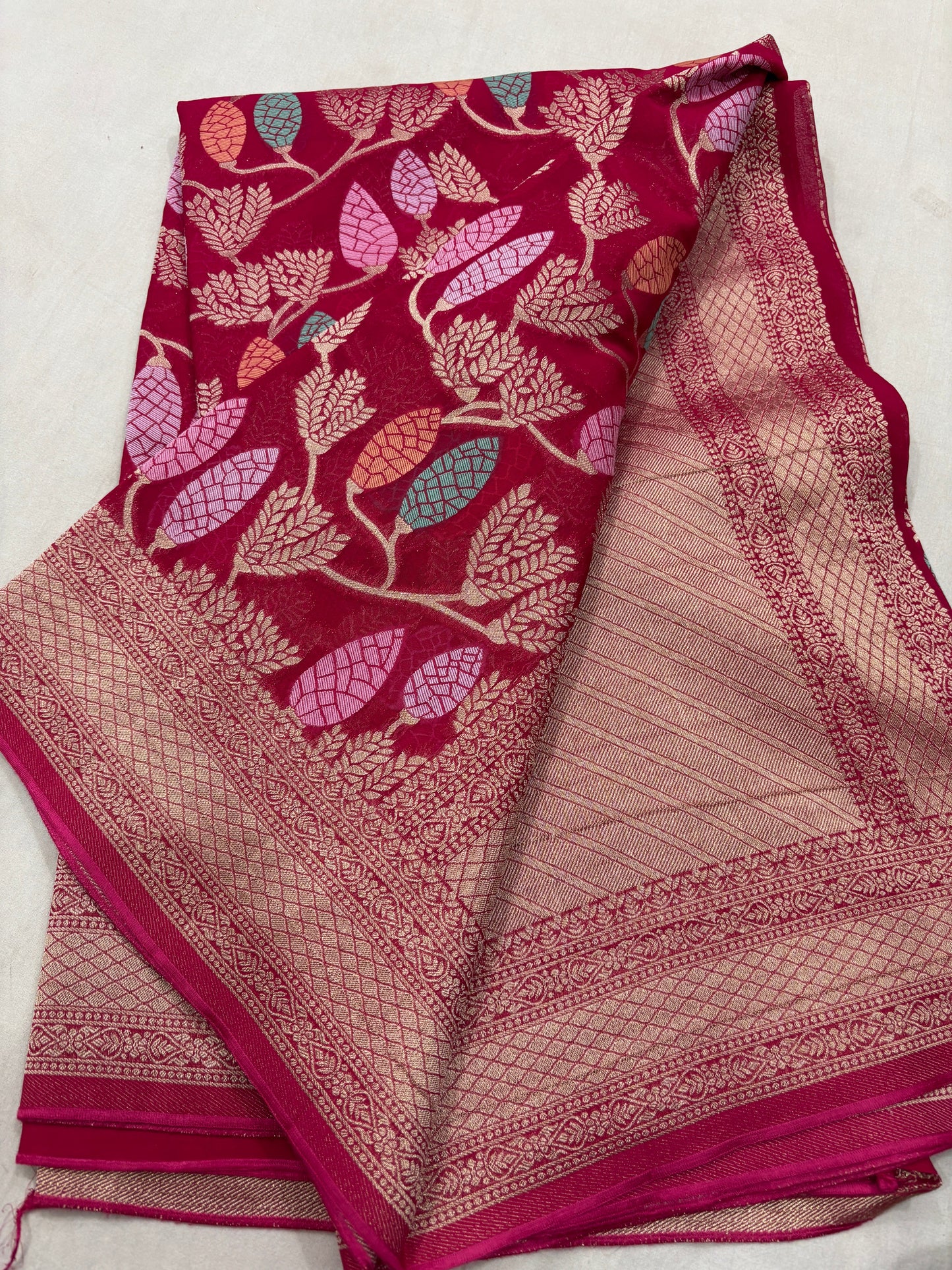 Rani Pink Semi Khaddi Georgette Banaras Sariย