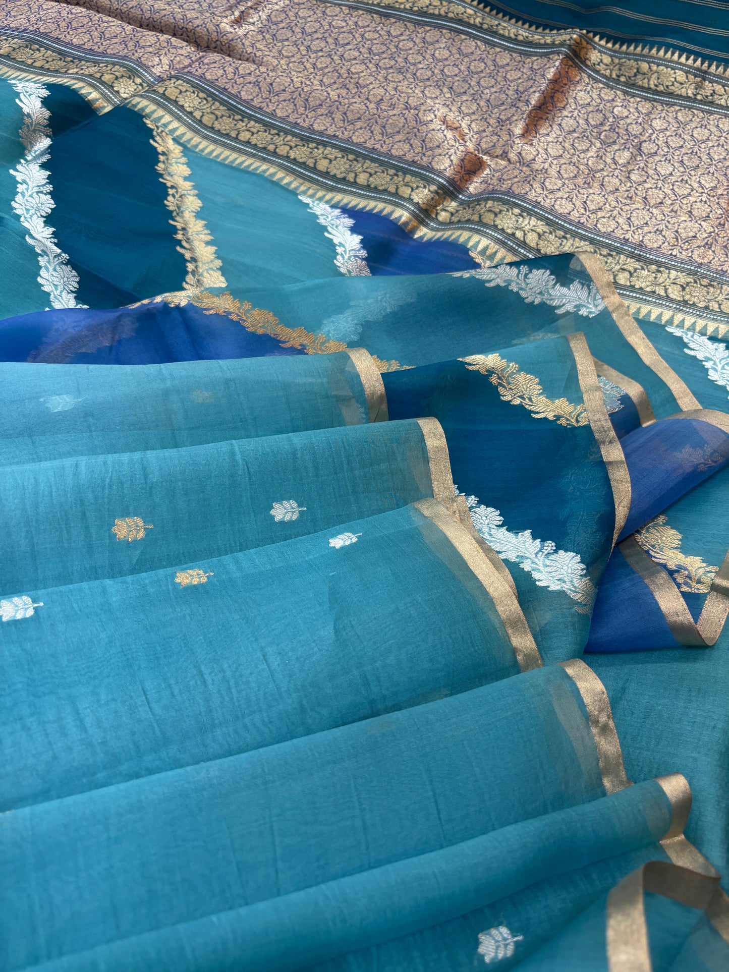 Sky Blue Kora Katan Rungkaat Banarasi Handloom Saree