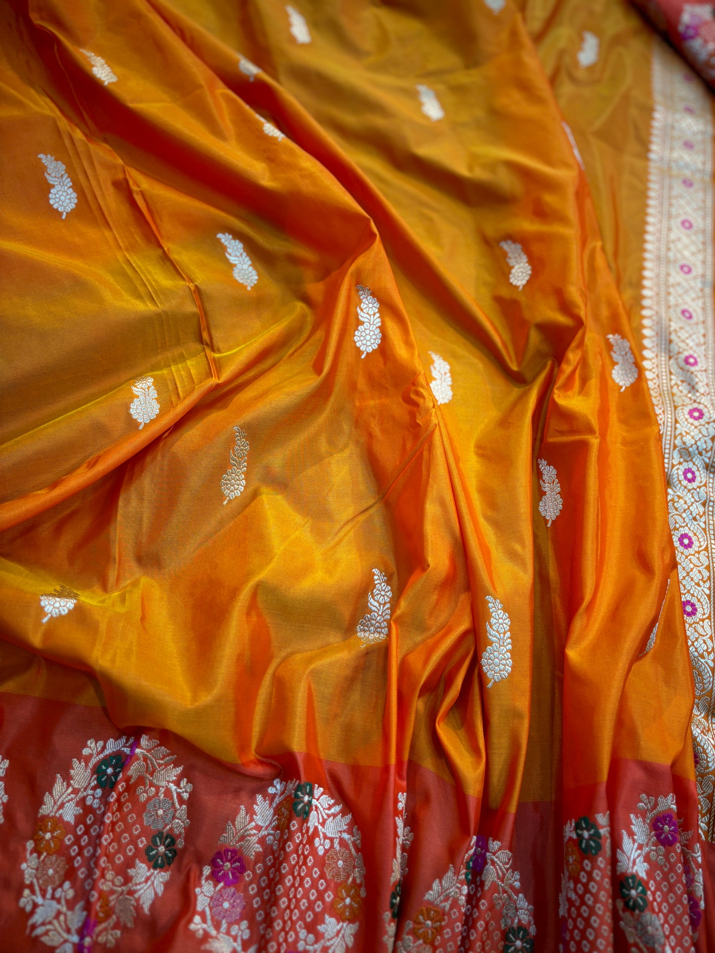 Orange Pure Katan with Designer Border Banarasi Handloom Saree