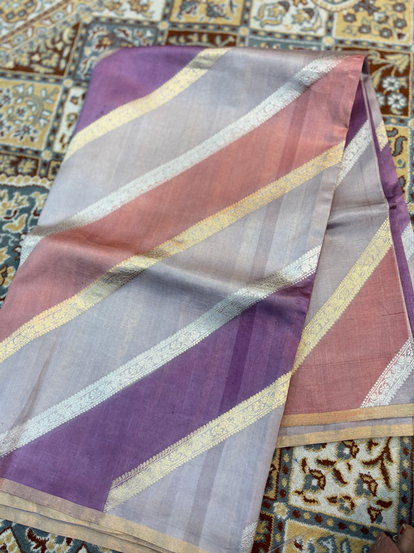 Banarasi handloom saree in gray, purple, and mauve with gold striped border and pallu