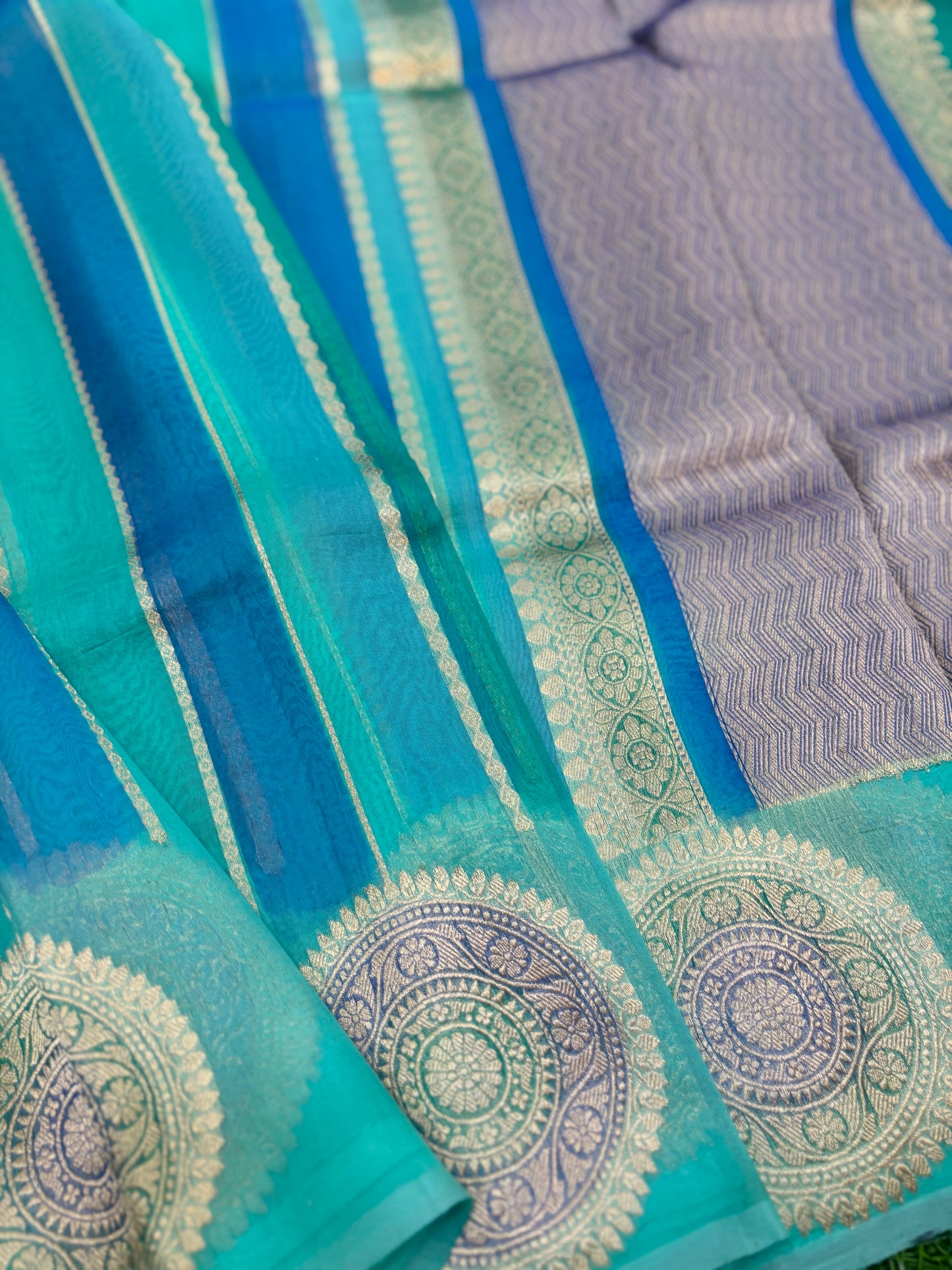 Sky blue Pure Kora Katan Rungkaat Banarasi Handloom Saree