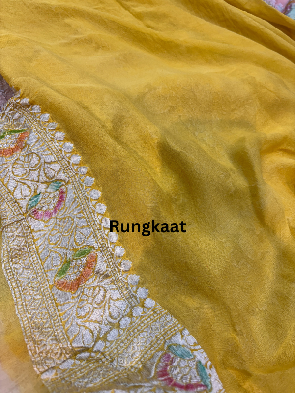 Yellow Pure Khaddi Georgette Meenakari Banarasi Handloom Saree - Rungkaat