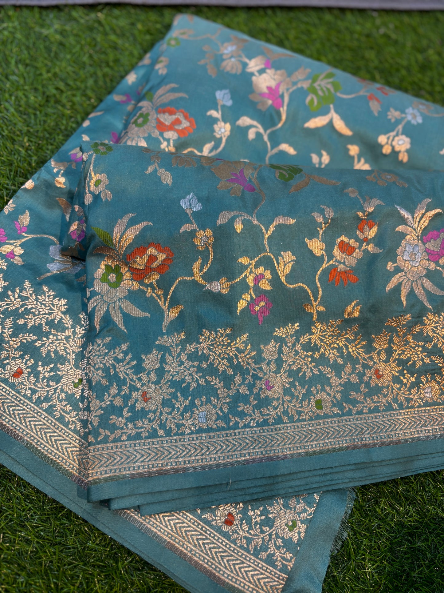 Sky Blue Pure Katan Jangla Banarasi Handloom Saree