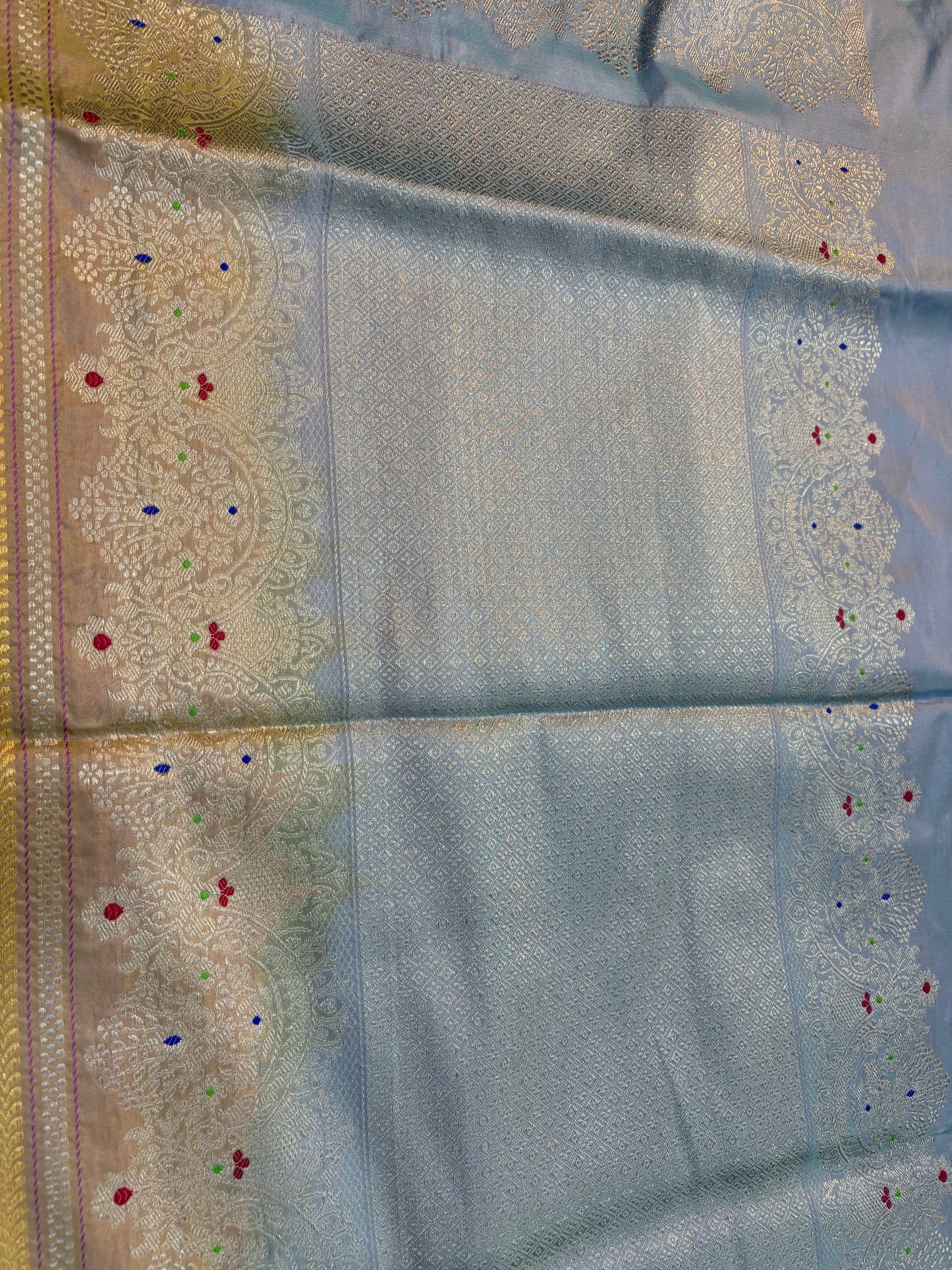Light Mehendi Green Pure Katan Strips With Scollops Border Banarasi Handloom Saree - Rungkaat