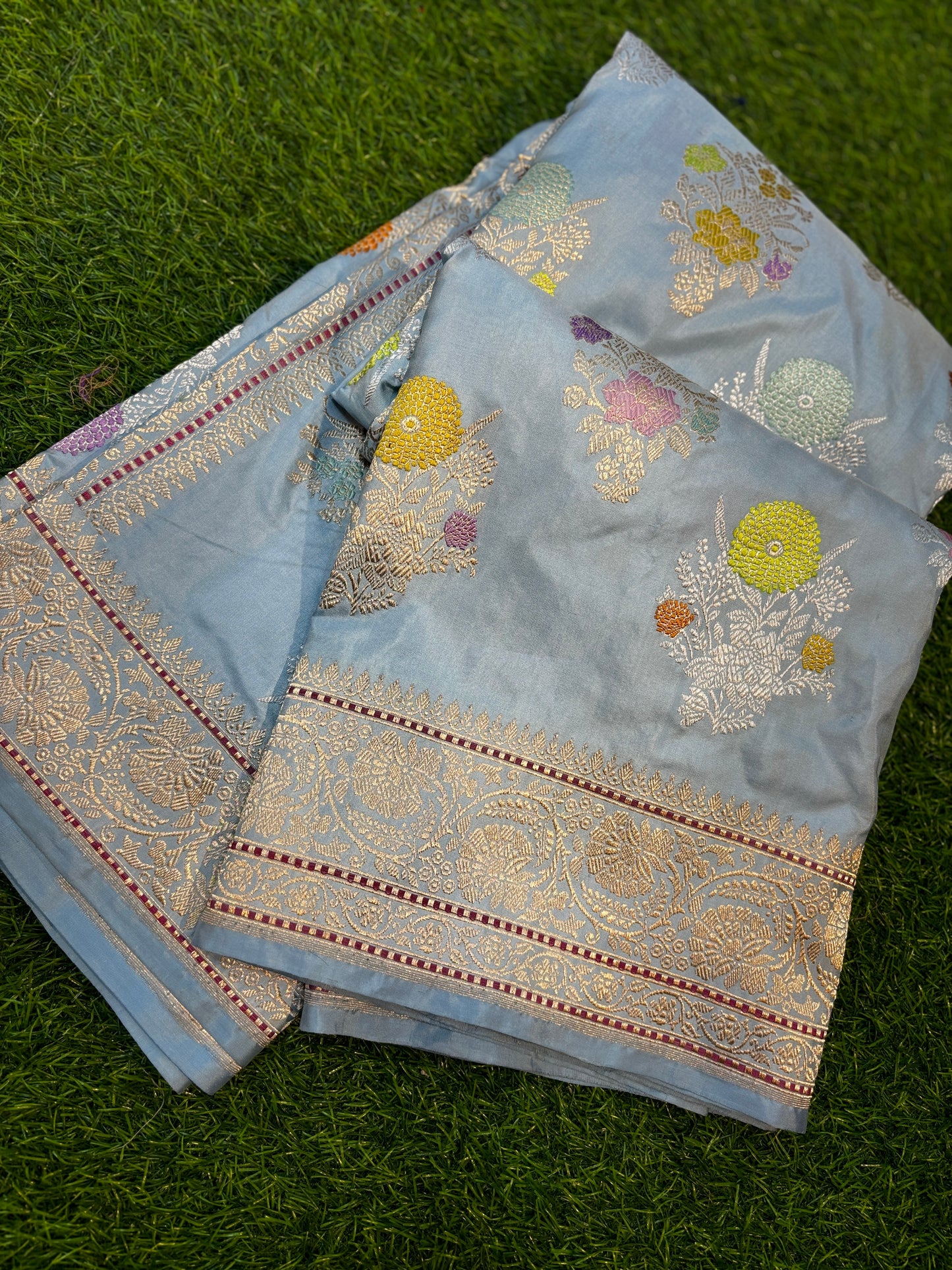 Exclusive powder blue pure katan jangla Banarasi Handloom saree
