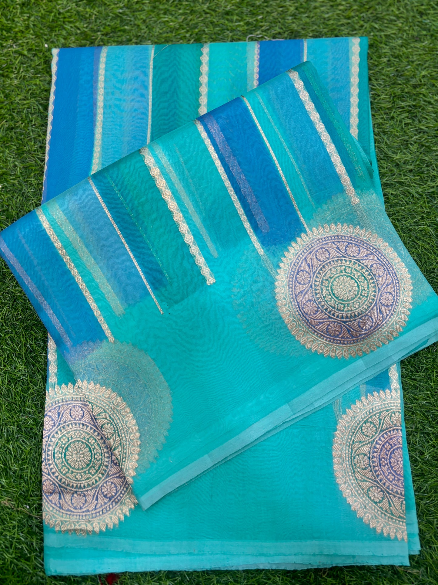 Sky blue Pure Kora Katan Rungkaat Banarasi Handloom Saree
