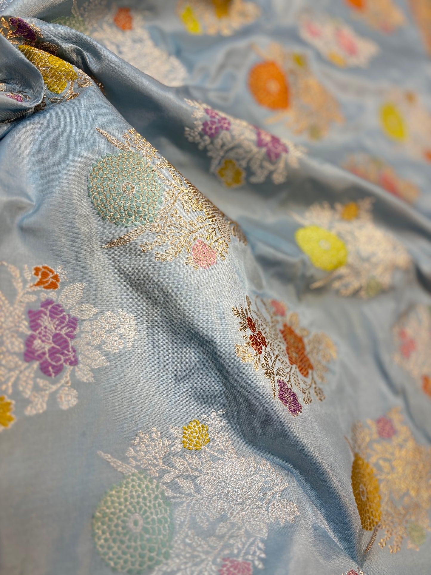 Exclusive powder blue pure katan jangla Banarasi Handloom saree