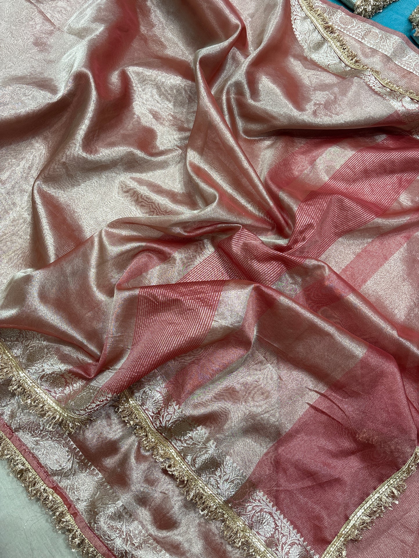 Trendy Banarasi Tissue Saree With Border Lace - Rungkaat