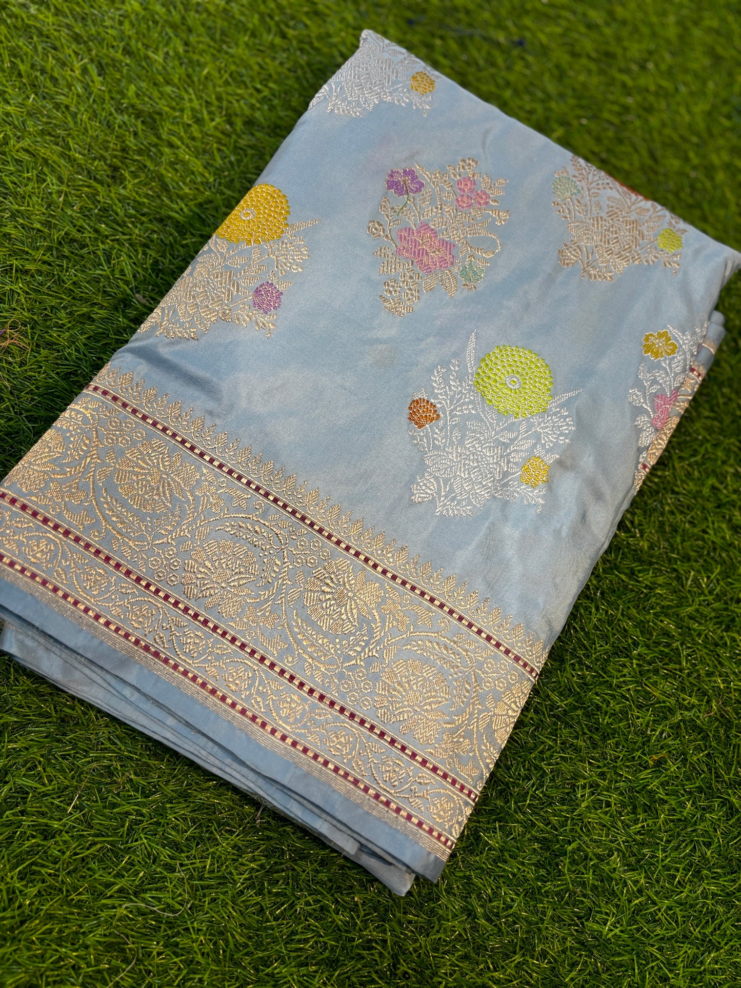 Exclusive powder blue pure katan jangla Banarasi Handloom saree