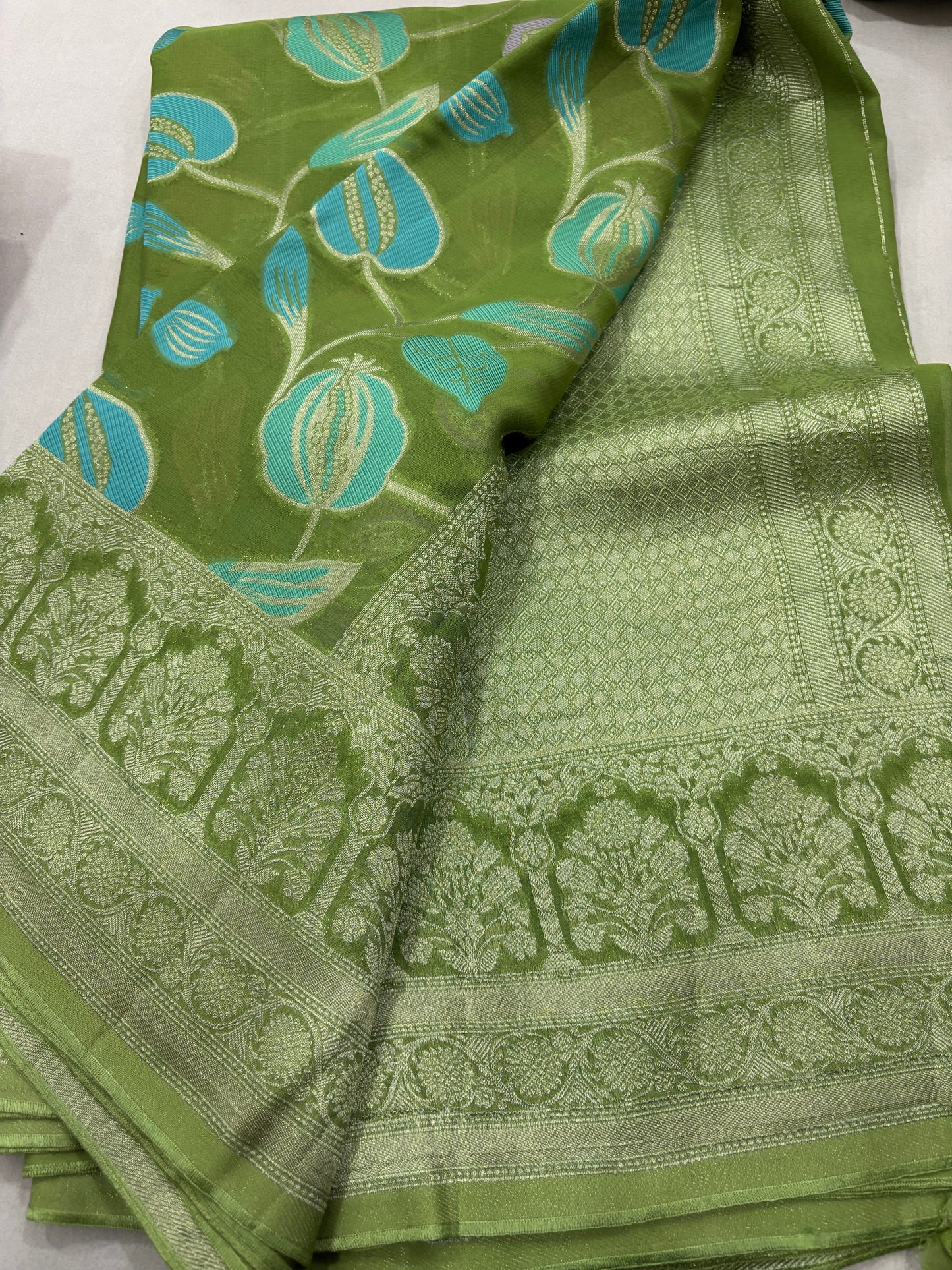 Green Semi Khaddi Georgette Banarasi Handloom Sareeย