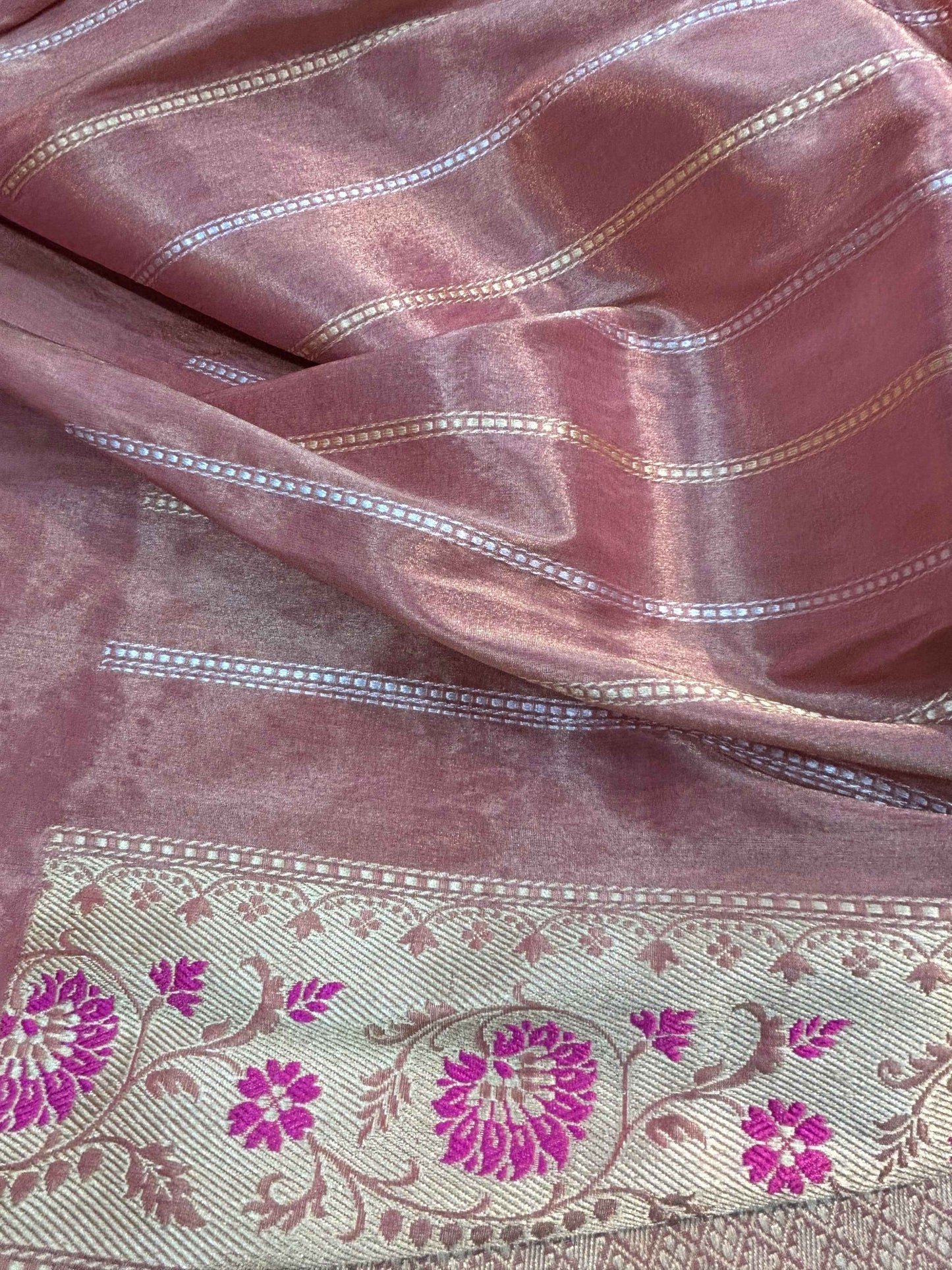 Pink pallu with gold and silver stripes, plus floral border trim