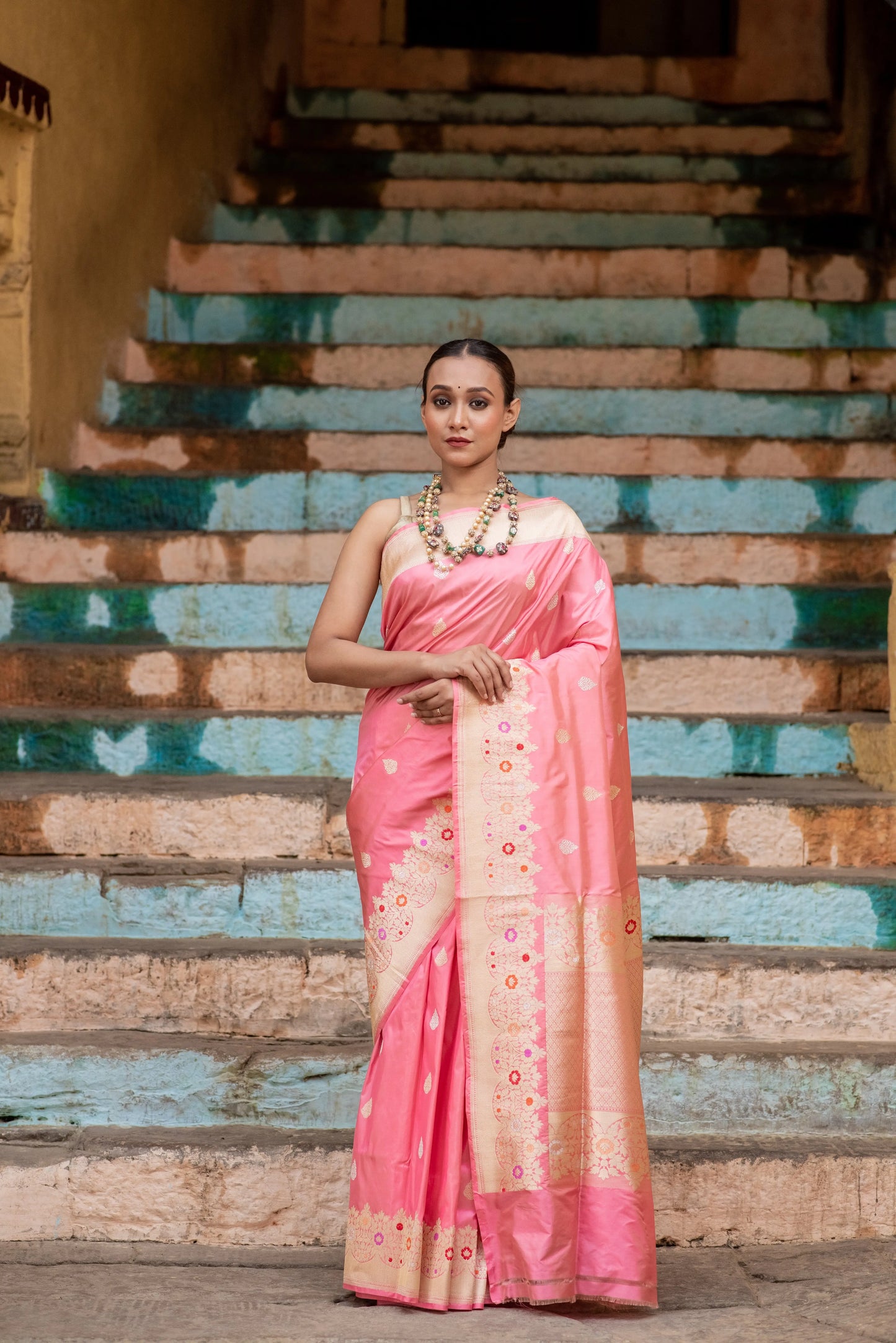 Baby Pink Pure Katan Belbooti with Meena Border Banaras Handloom Saree - Rungkaat