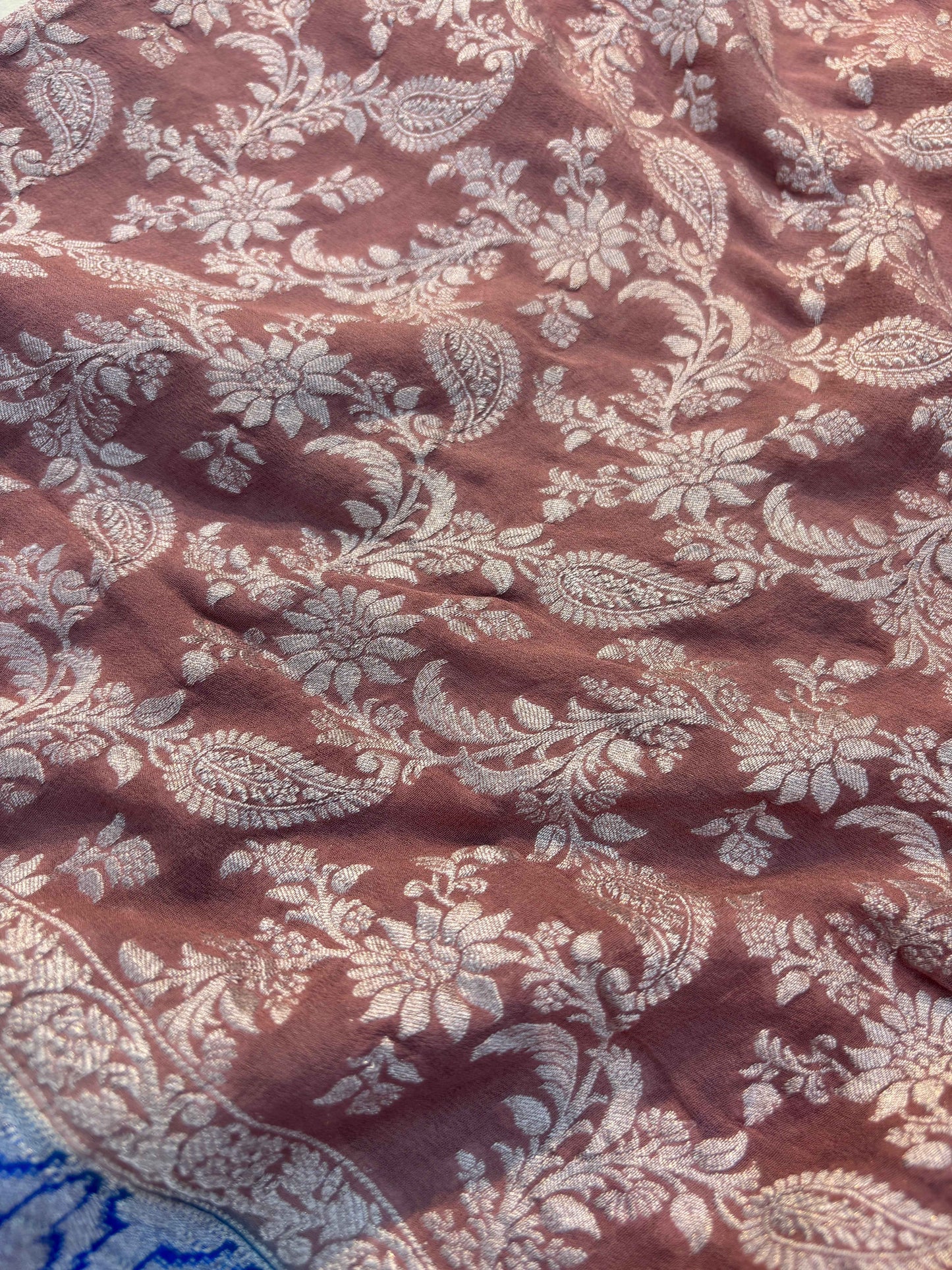 Maroon khaddi georgette Banarasi saree with gold floral and paisley pattern