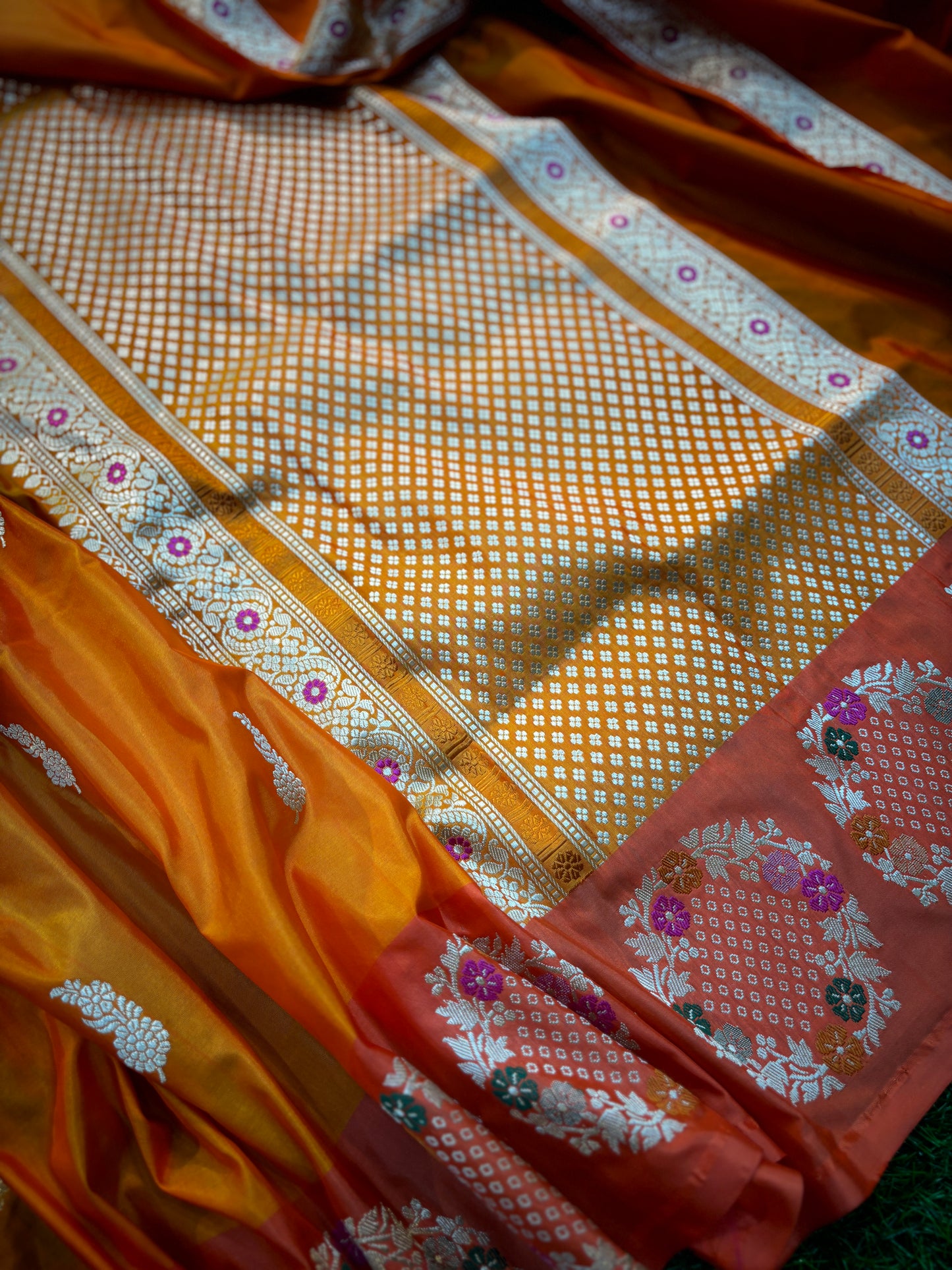 Orange Pure Katan with Designer Border Banarasi Handloom Saree
