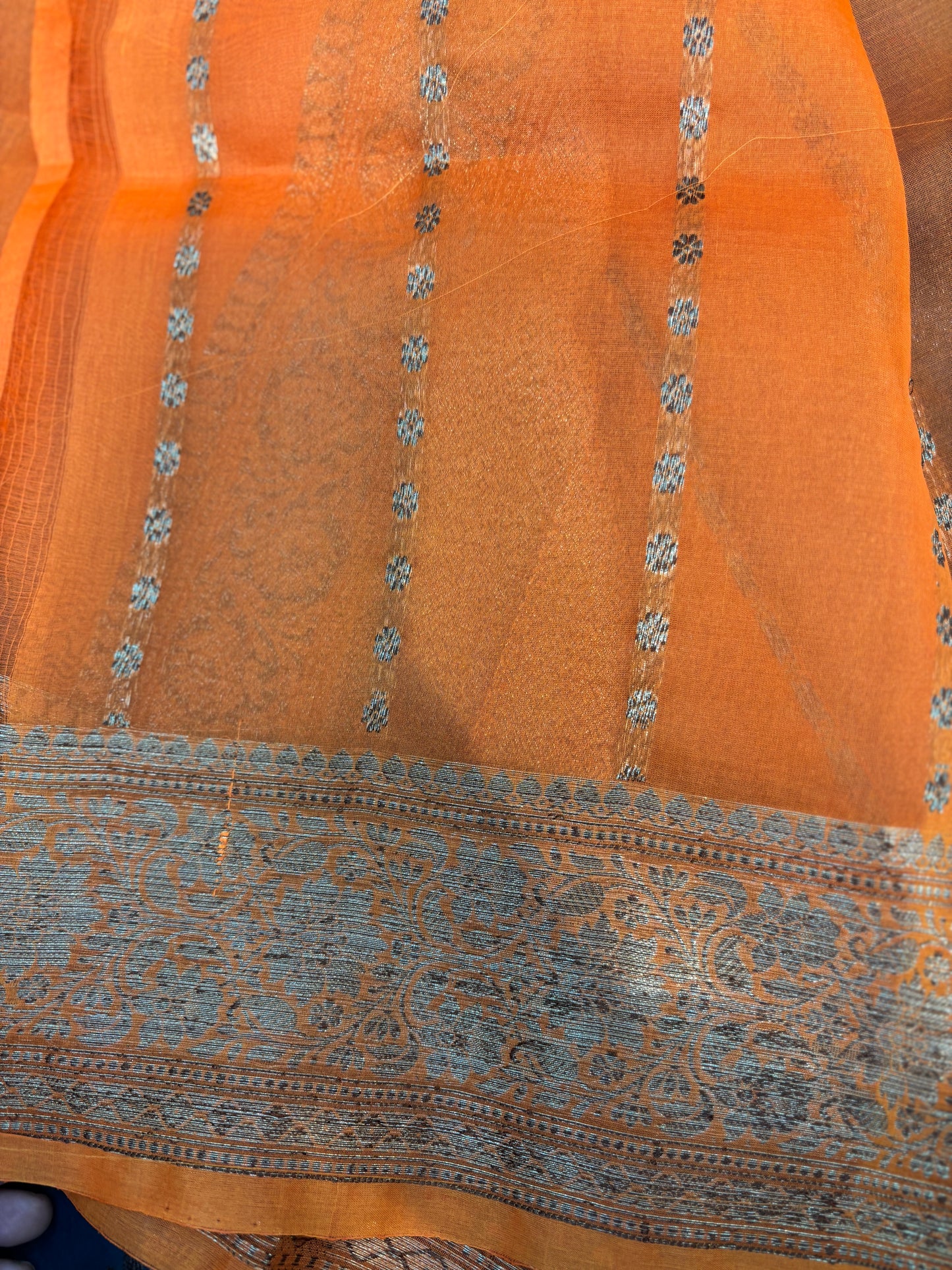 Bottle green with orange, Pure Kora Antique Zari Banarasi Handloom sari