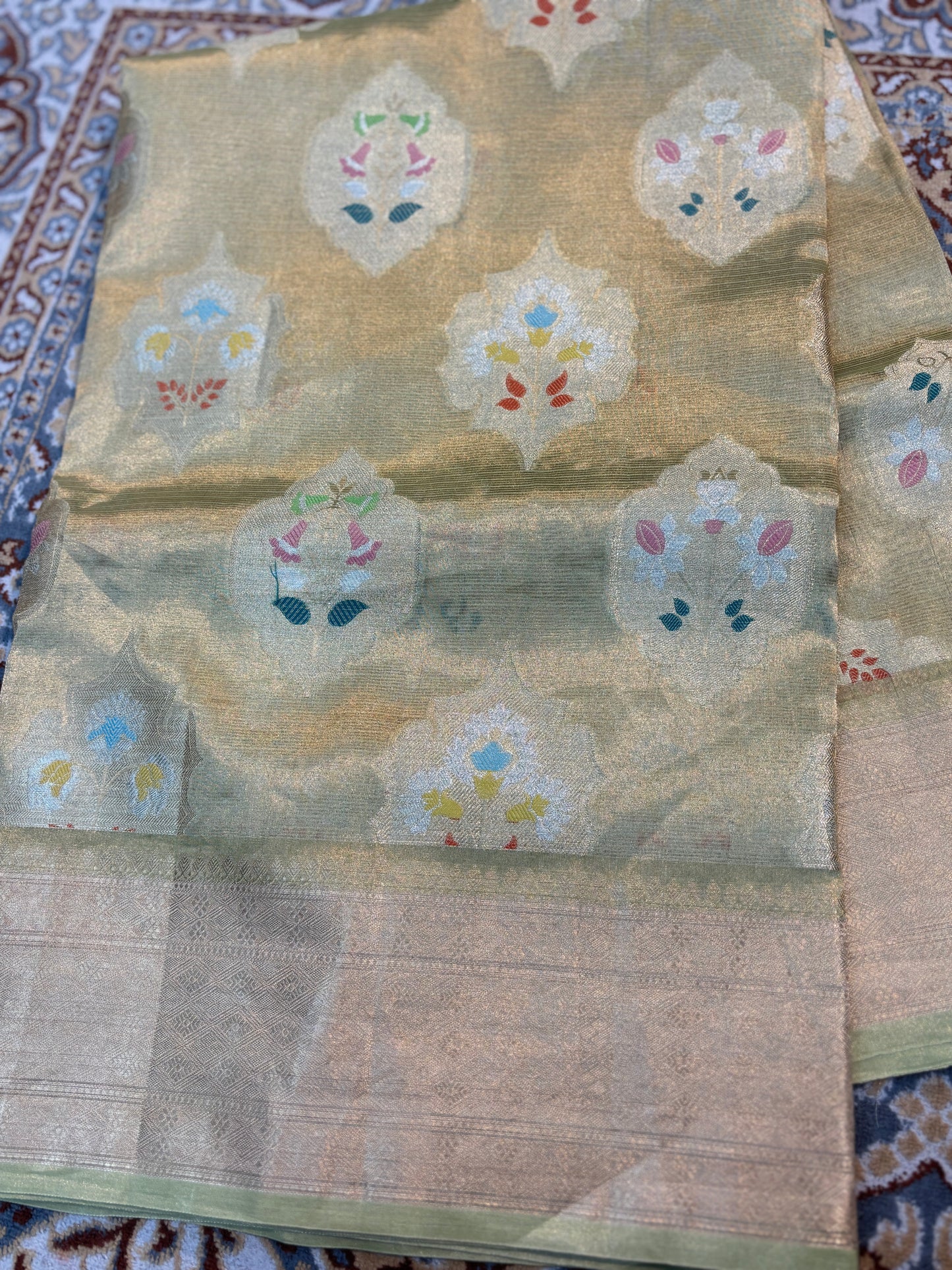 Banarasi handloom saree, light gold with multicolor floral motifs and wide pale border