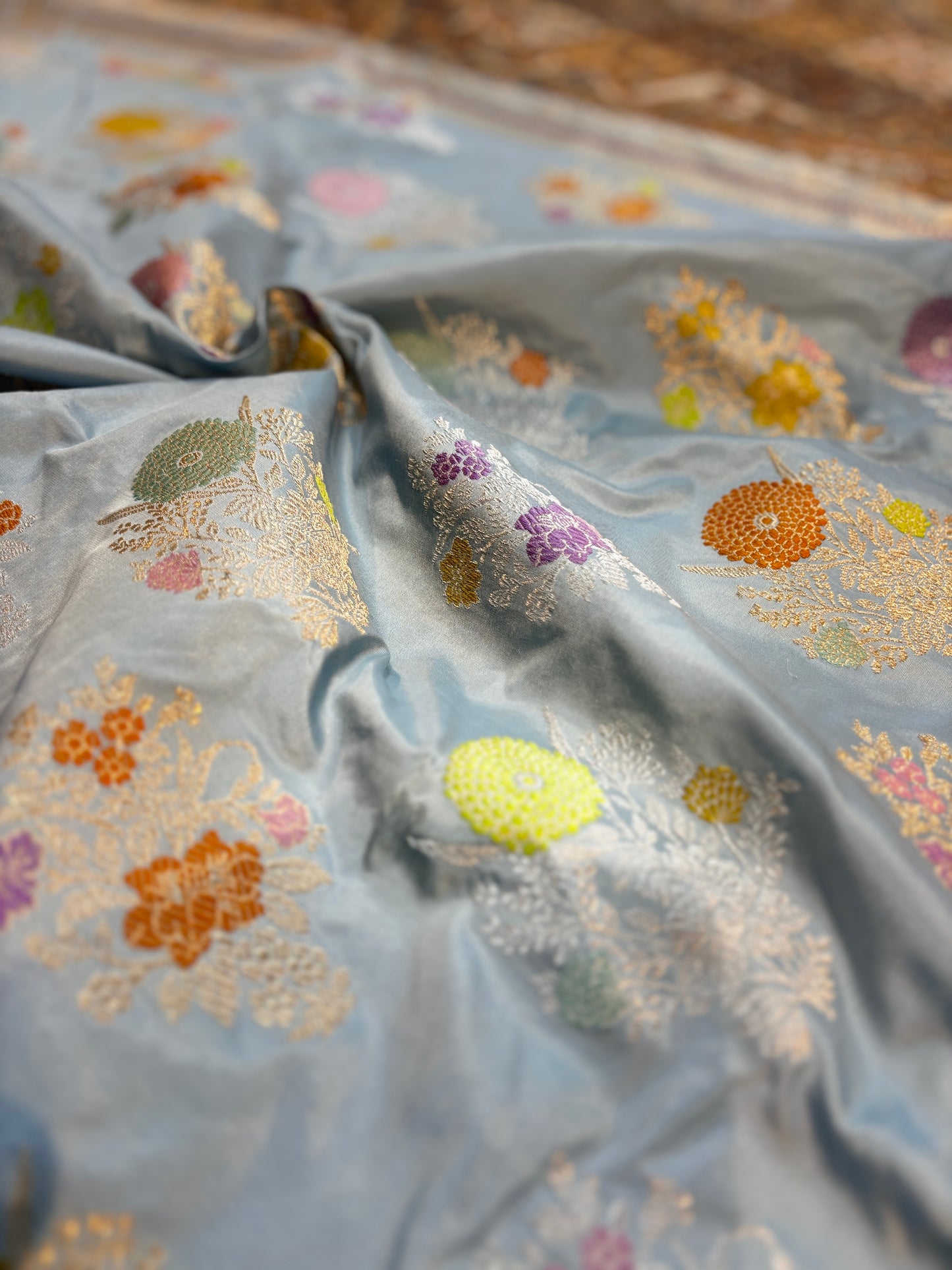 Exclusive powder blue pure katan jangla Banarasi Handloom saree