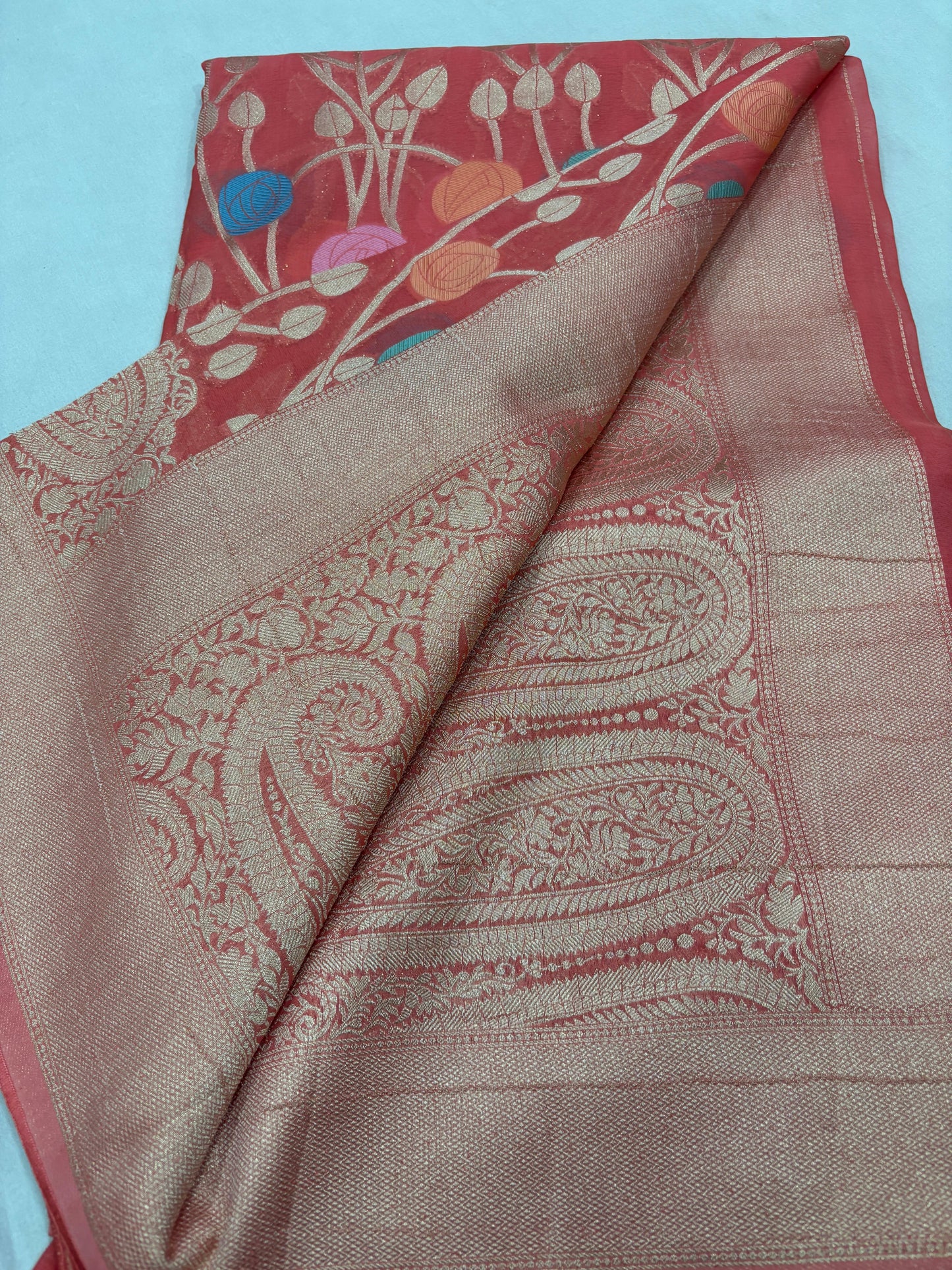 Carrot Pink Semi Khaddi Georgette Banaras Sariย