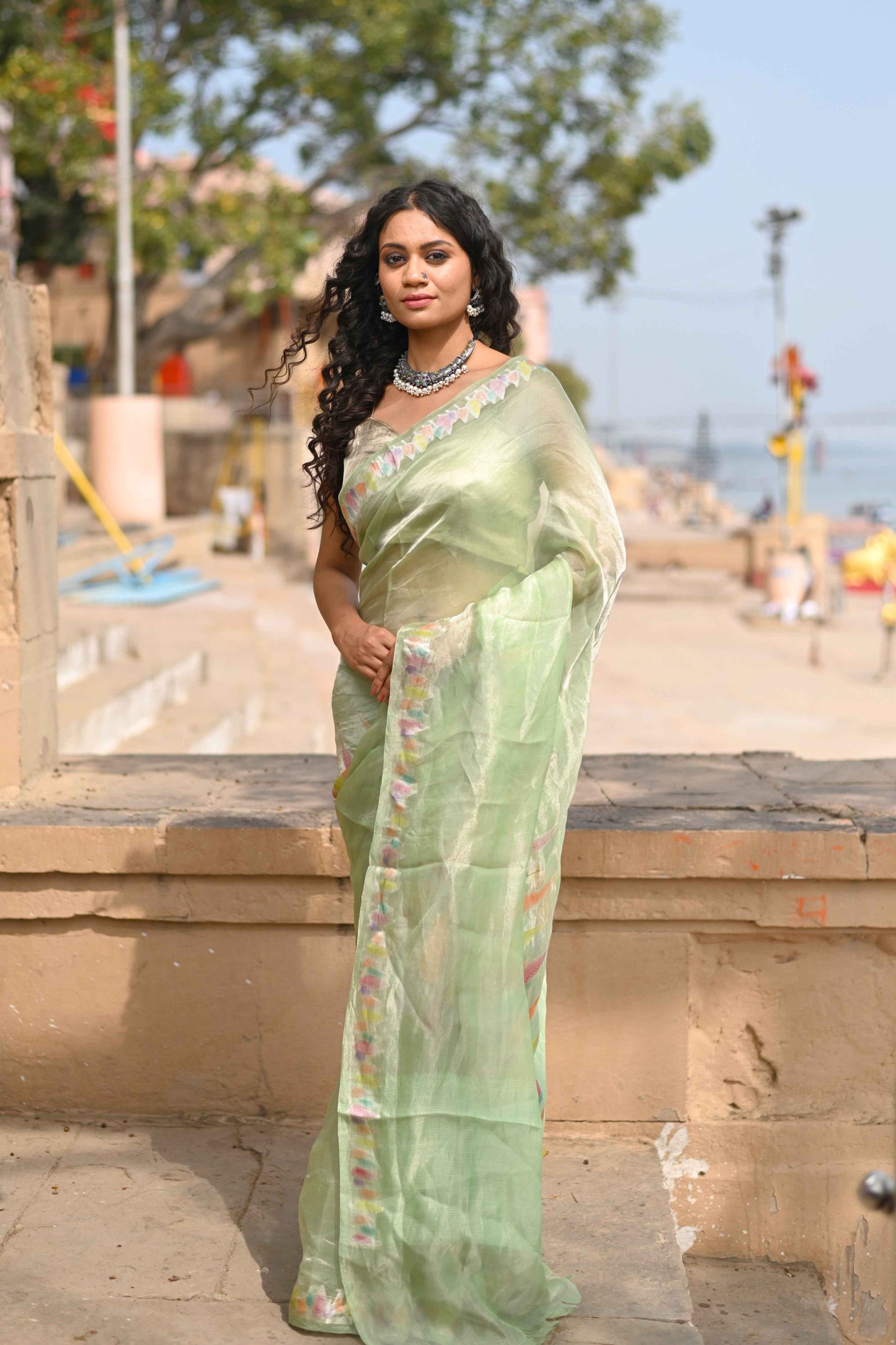 Light green tissue Banarasi saree with subtle woven border and draped pallu