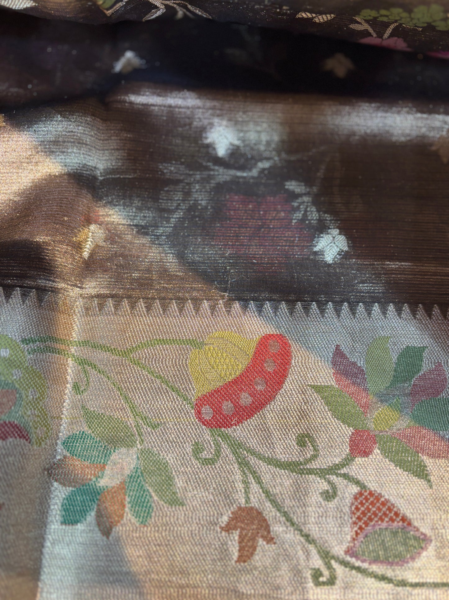 Floral handloom saree in dark gray with red and green bird motifs