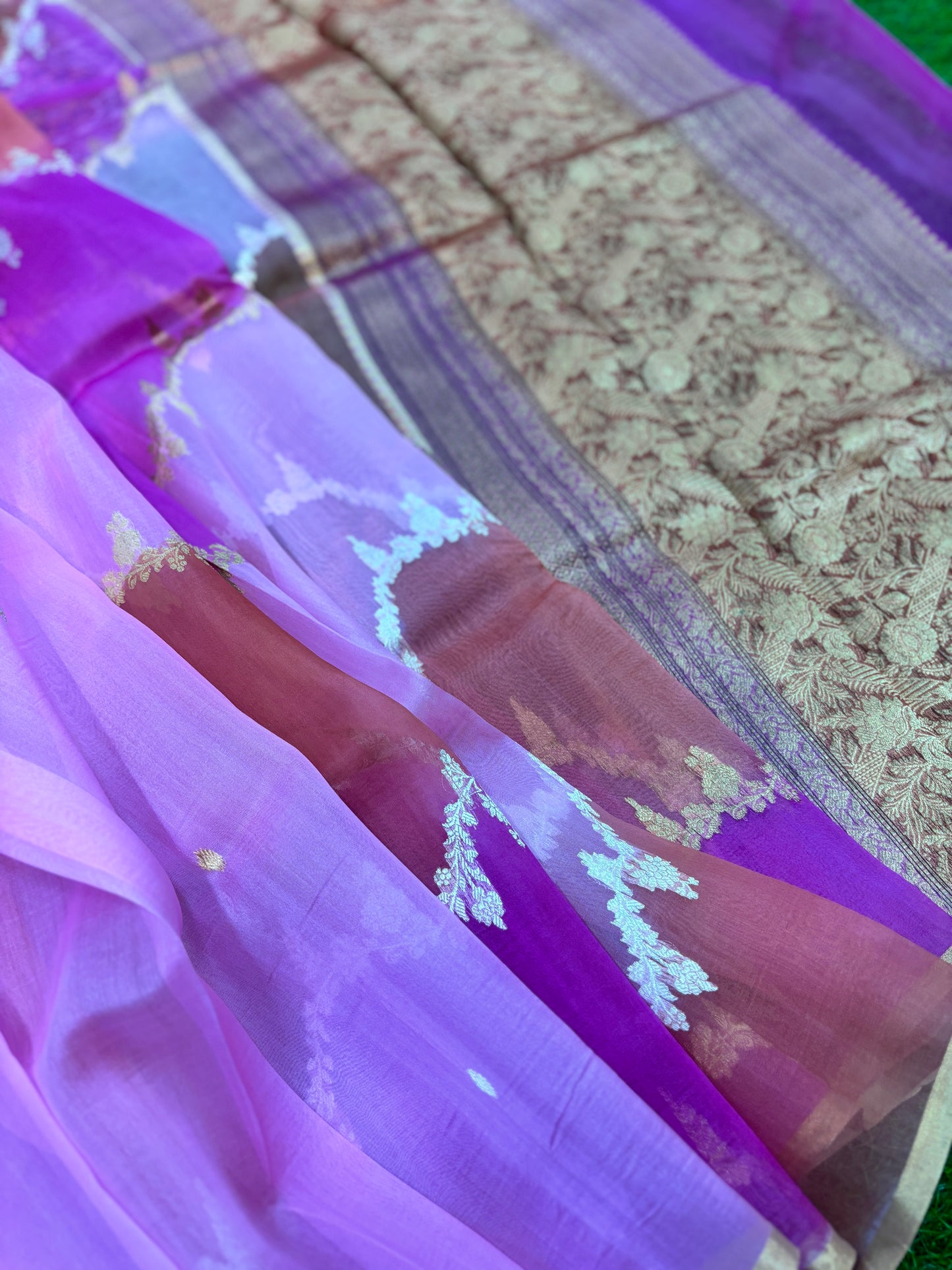 Lavender Pure Kora Katan Rungkaat Banarasi Handloom Saree