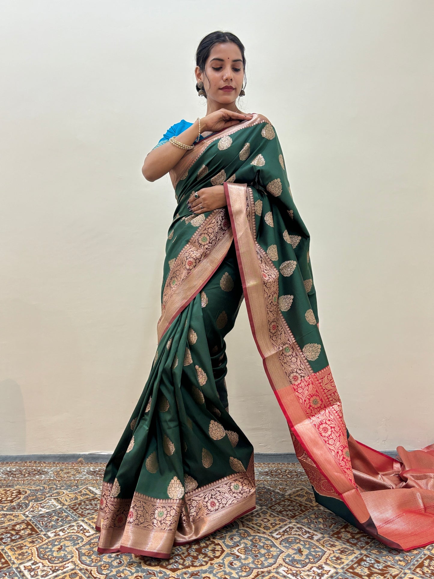 Rama Green Semi Katan Silk Banarasi Saree - Rungkaat