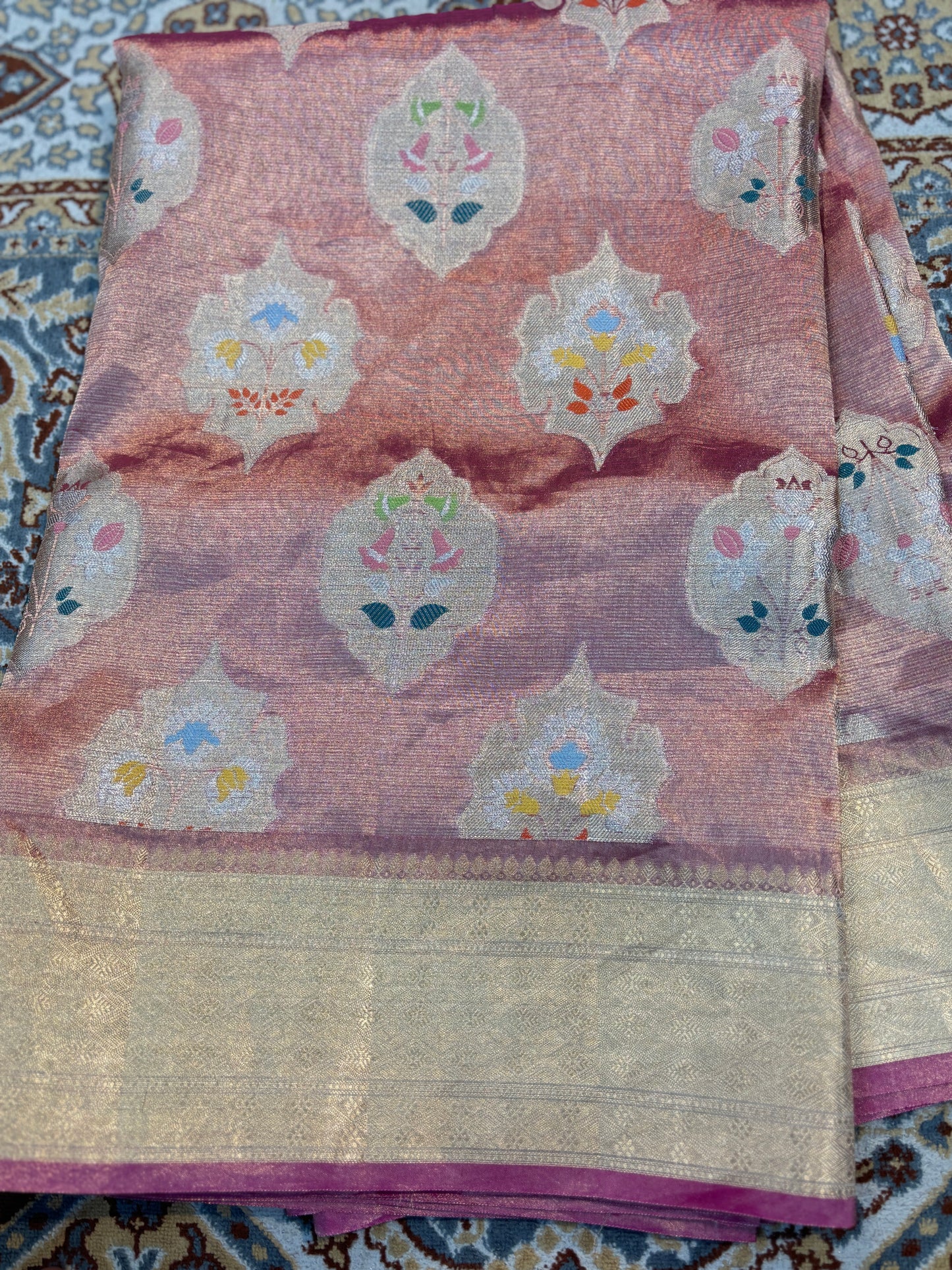 Pink Kota Paithini Banarasi handloom saree with floral motifs and gold border