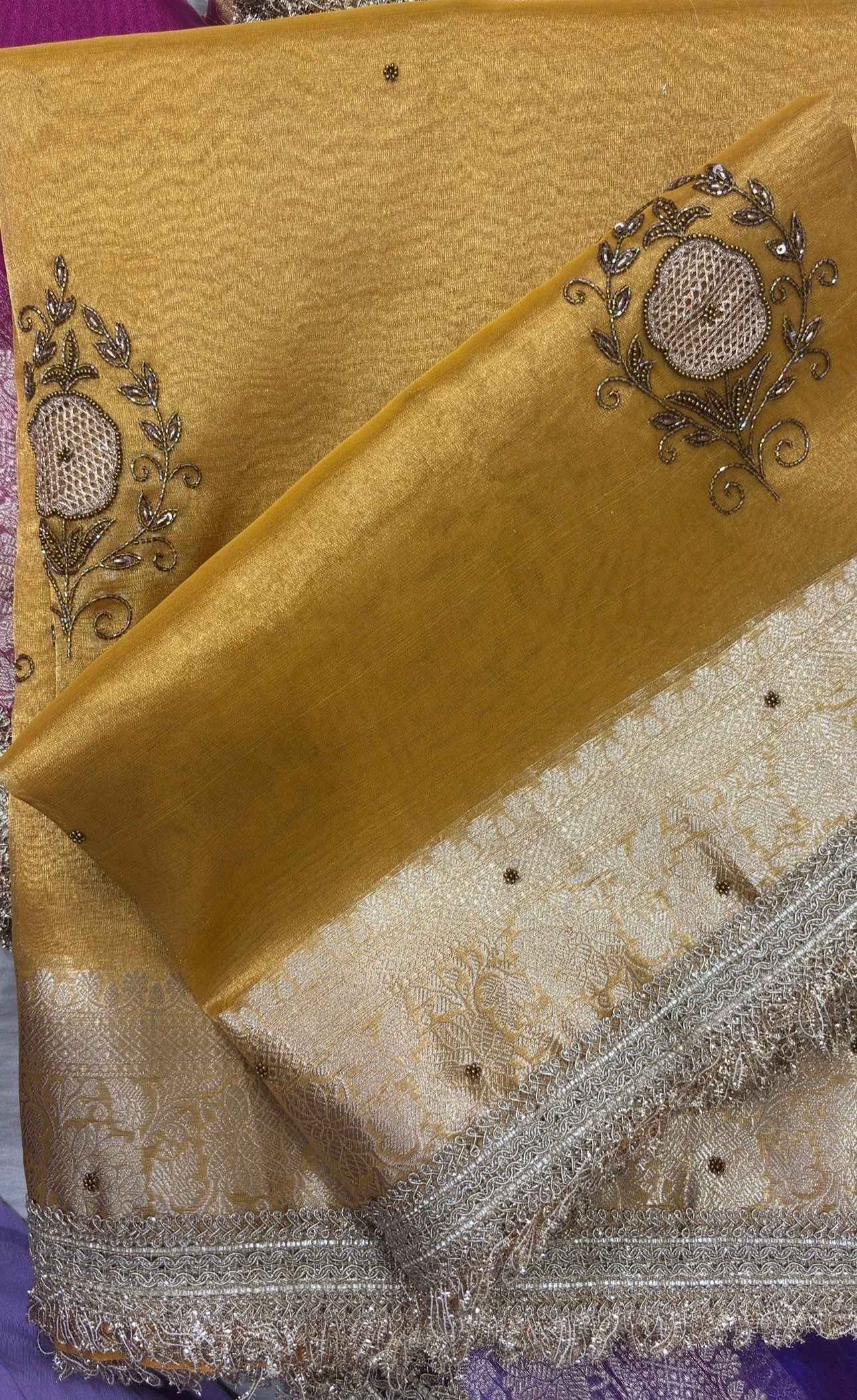 Yellow tissue sari with Zardoji floral medallion and lace-style border