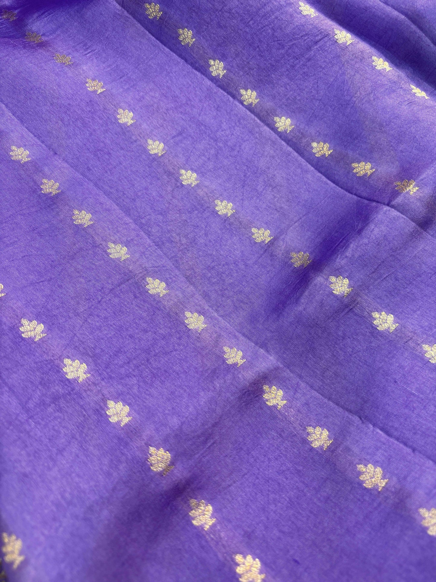Lavender fabric with small gold dot buttas, textured weave and sheen